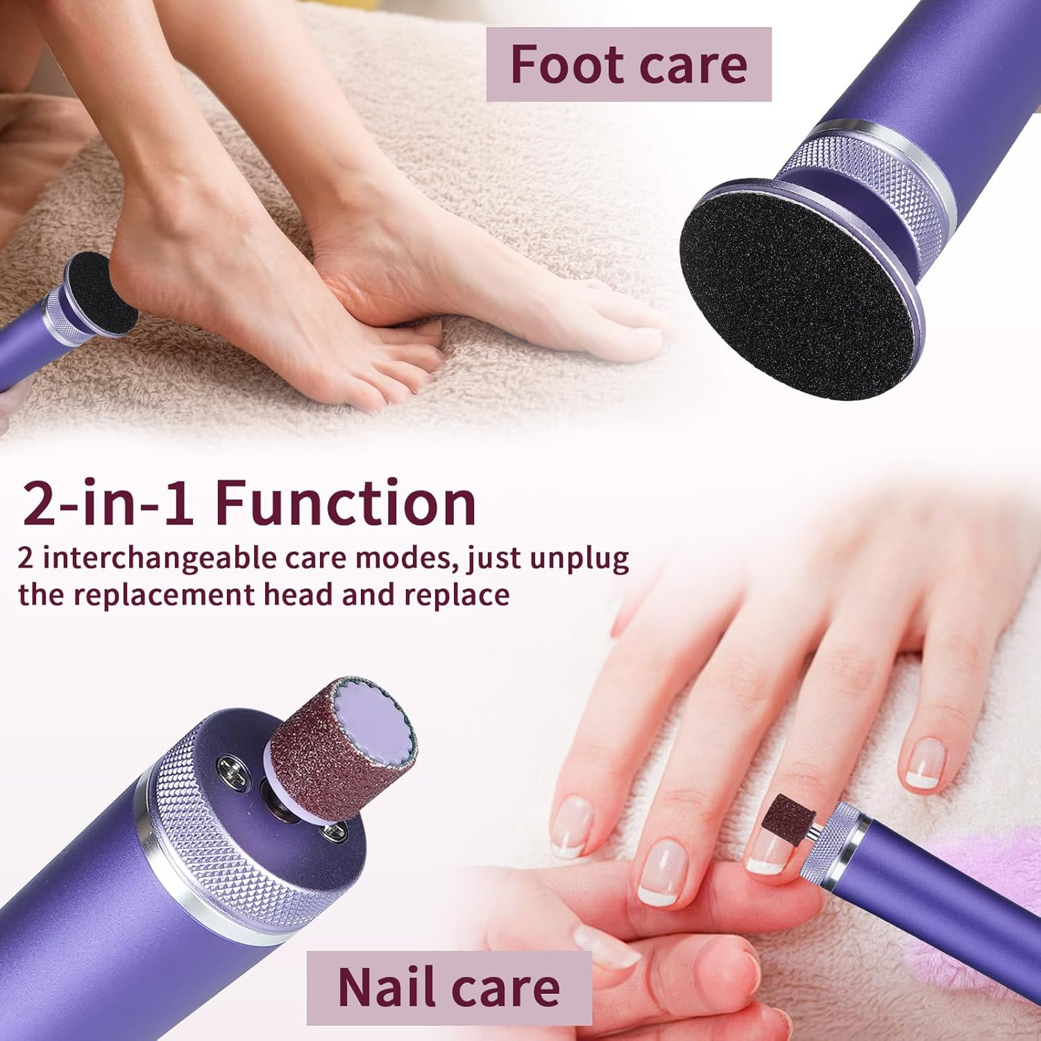 2-In-1 Electric Callus Remover, 6 Adjustable Electric Callus Remover with Replaceable Foot Files, Rechargeable Professional Callus Remover for Feet, Heels, Callus, Purple image number 5