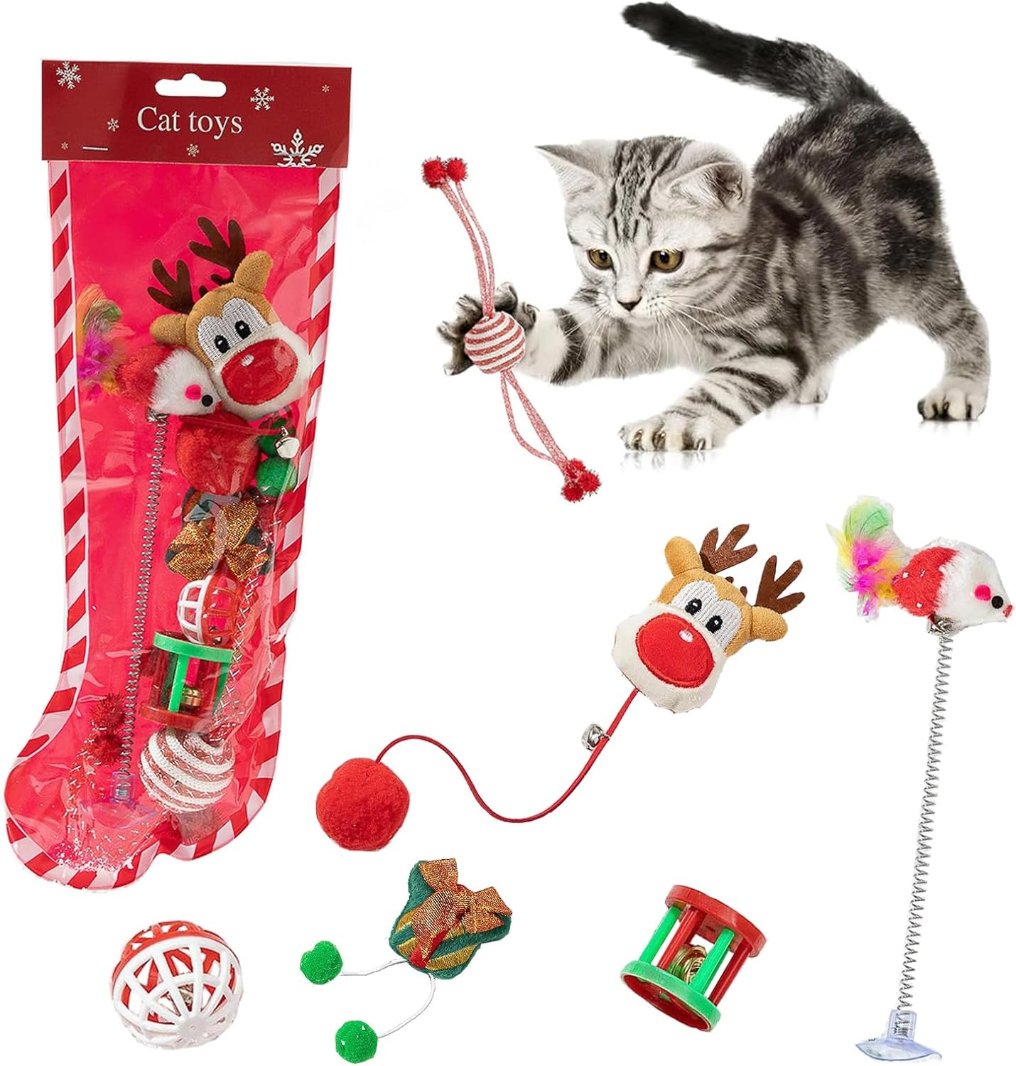 Mumoo Cat Christmas Stocking Cat Toys,7 Pcs Christmas Interactive Cat Toys Set for Christmas Cats Gift with Squeaky Toys, Balls, Cat Teaser Toys（Elk 6 PCS） image number 3