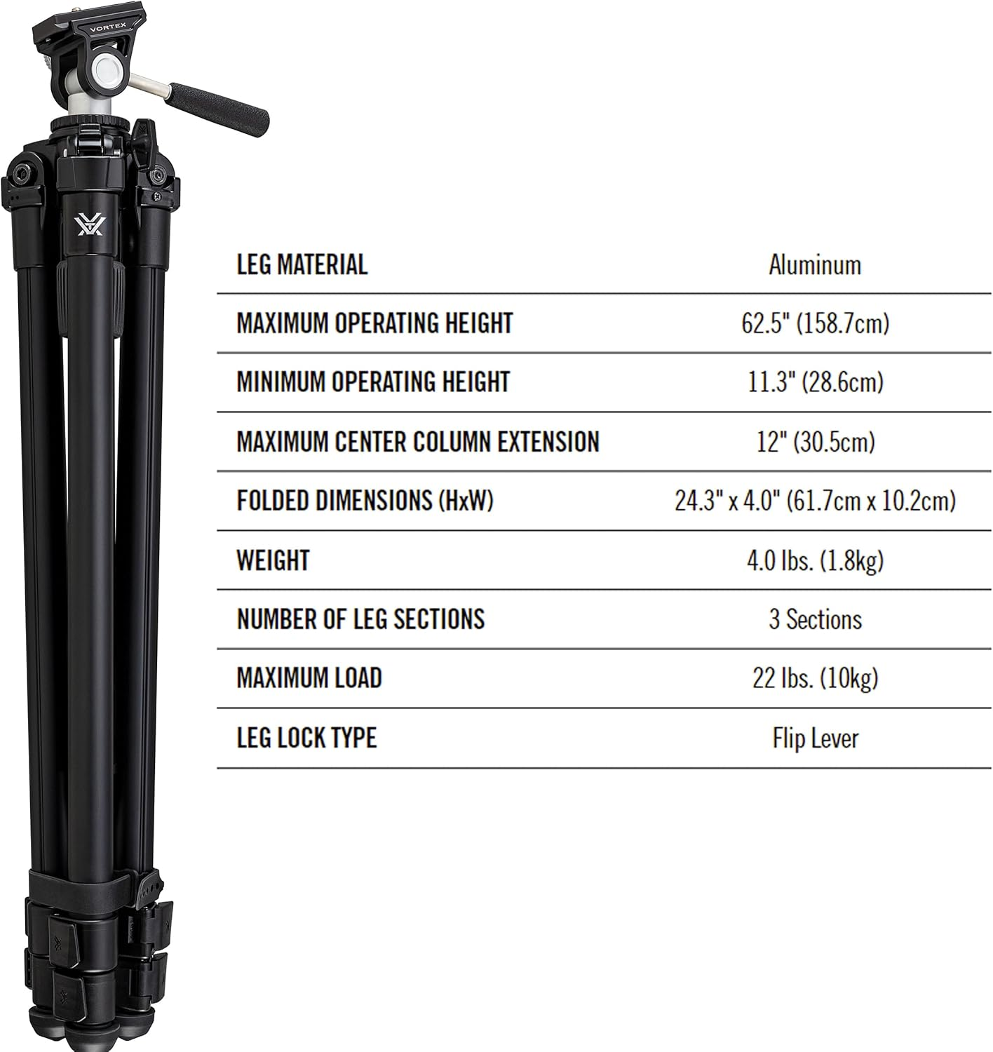 Vortex Optics High Country II Tripod Kit - Aluminum Tripod, 2-Way Pan Head, 22 Lb Max Load, Rubber Feet - Unlimited, Unconditional Warranty image number 2