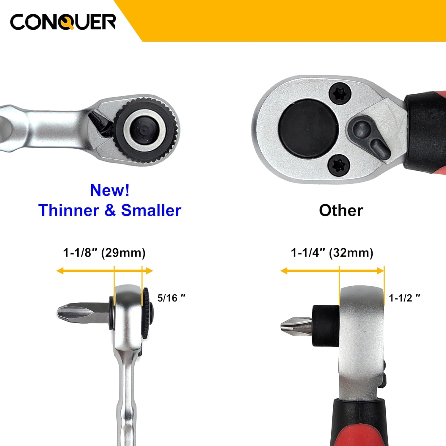 CONQUER Mini Combo Dual Ratchet Wrench with 1/4" Square Drive and Bit Drive High Torque 72-Tooth Gear Head and Spin Disk image number 2