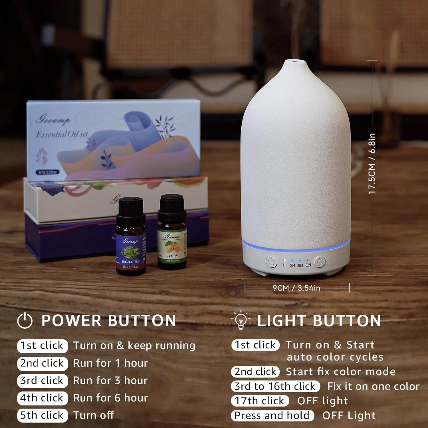200ML Ceramic Diffuser,Aromatherapy Diffuser,Essential Oil Diffuser with 7 Color Lights Auto Shut off for Home Office Room,White (1/3/6/ON Hrs Working Time) image number 5