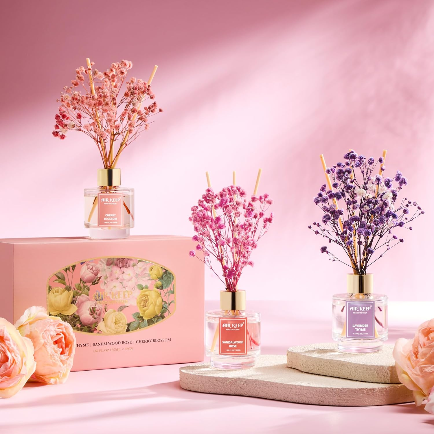 Airkeep Reed Diffuser Set of 3, Lavender Thyme Sandalwood Rose Cherry Blossom Oil Reed Diffusers for Bedroom Living Room Office Aromatherapy Oil Reed Diffuser for Gift 50Ml X 3 image number 3
