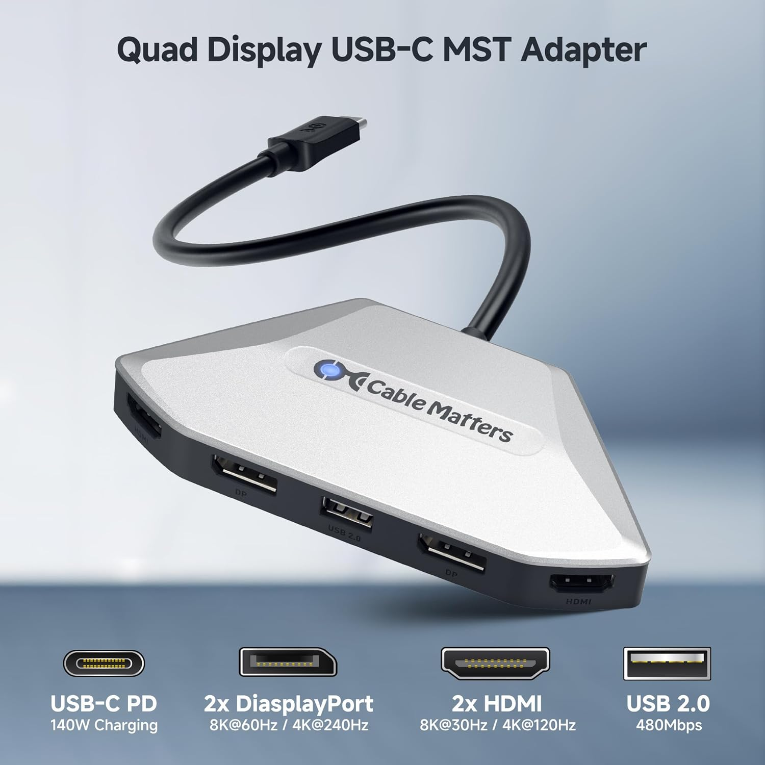 Cable Matters 4K Quad Display USB C MST Adapter, Windows Only, Supports up to [8K@60Hz / 4X 4K@60Hz Video, 140W Charging], USB C Hub with 2X Displayport 2.1 and 2X HDMI 2.1, Thunderbolt 4/5 Compatible image number 0