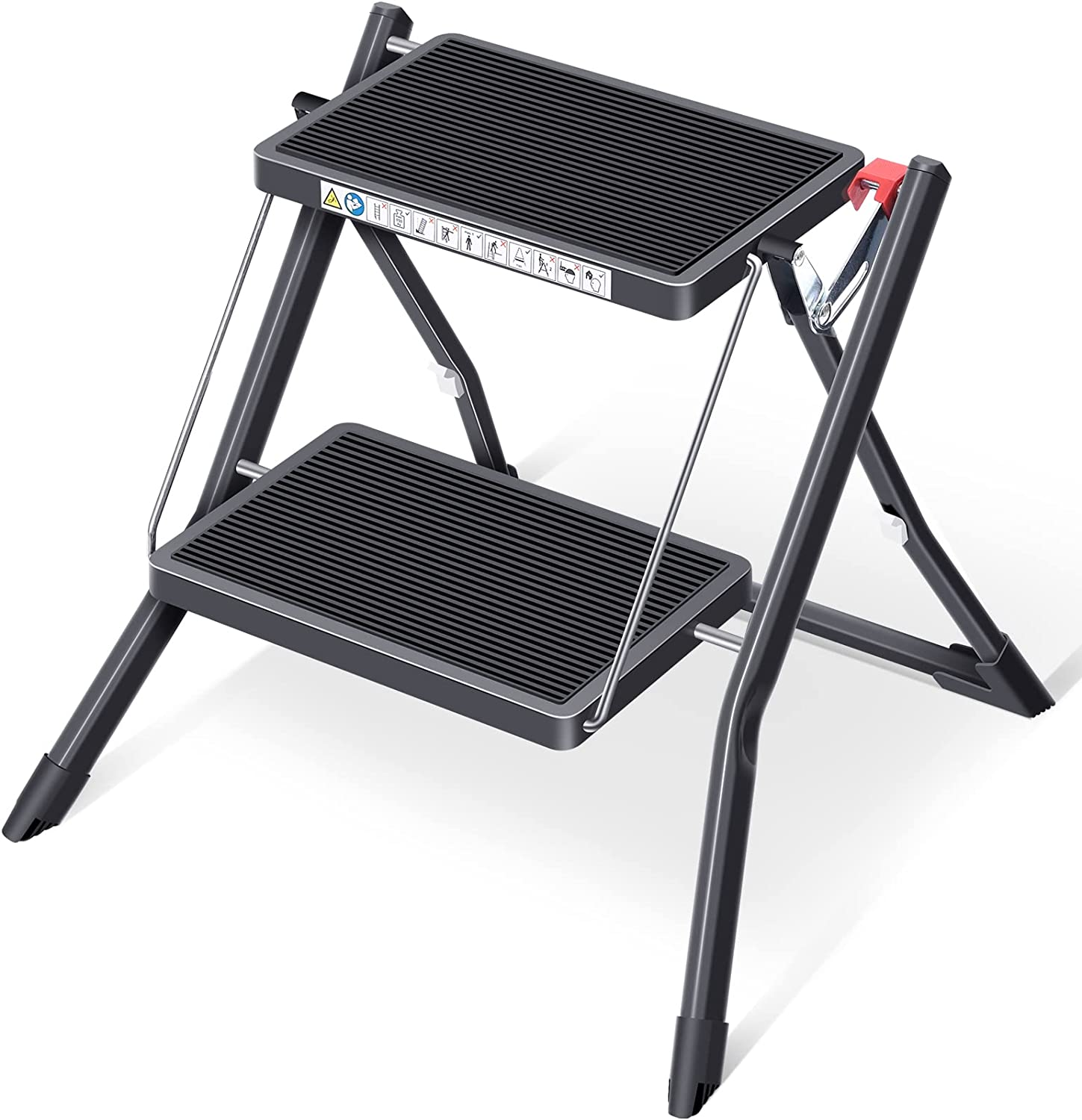 KINGRACK Folding Step Ladder, 2 Step Ladder, Folding Ladder with Non-Slip Rubber Mat, Step Stool with Release Button, Lightweight Steel, Holds up to 150 Kg, Black