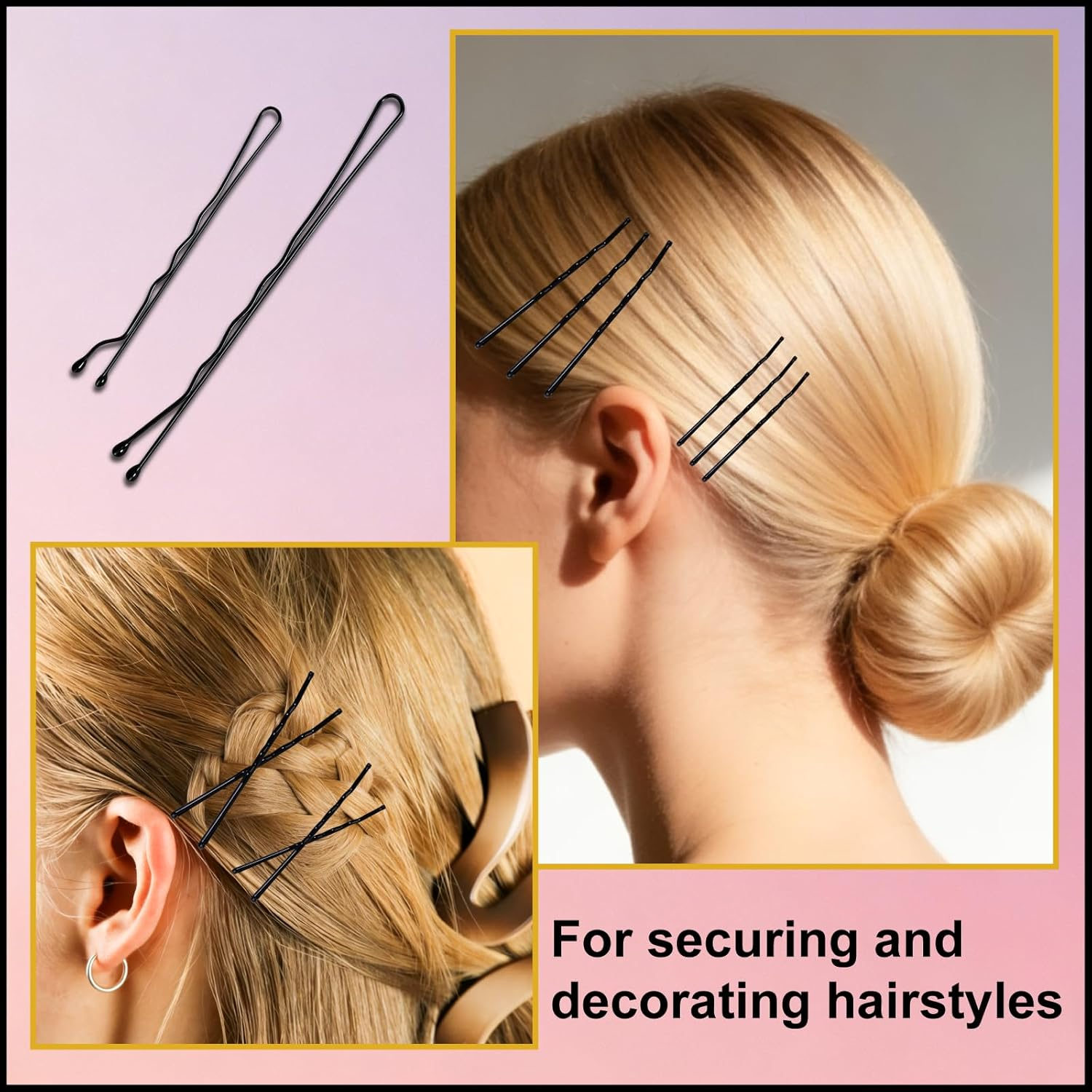 Pack of 200 Hair Pins, Bobby Pins, Black, Hair Clips, Hair Pins for Women, Ladies, Girls, Hair Accessories, Bun Pins, for Hair Accessories, with 100 Pieces Invisible Clear Hair Bands (Black) image number 4