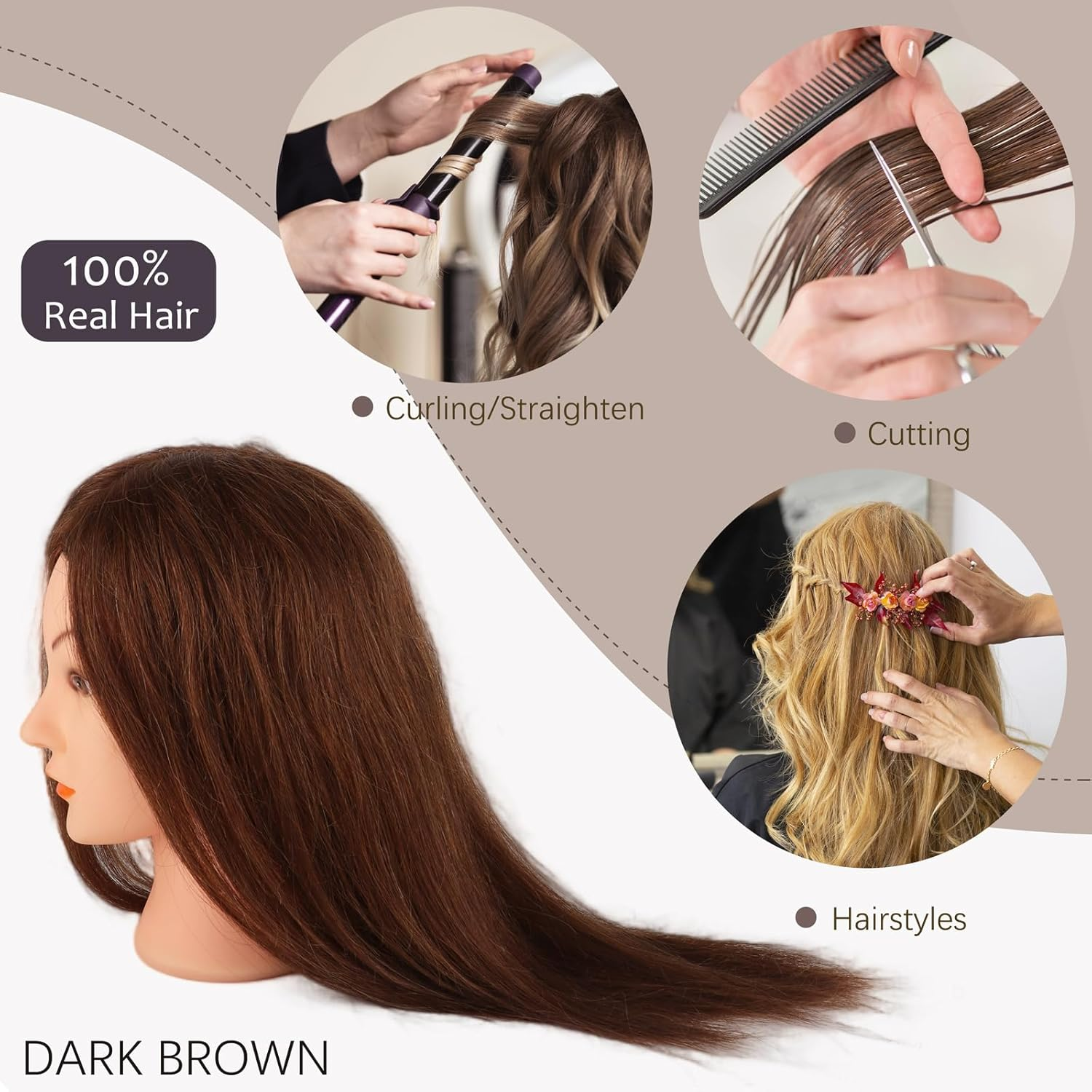 Mannequin Head with 100% Real Hair, 18" Dark Brown Natural Human Hair Hairdressing Doll Head for Practicing Hair Styling, Curling, Straightening, Coloring with Clamp & Styling Tools image number 6
