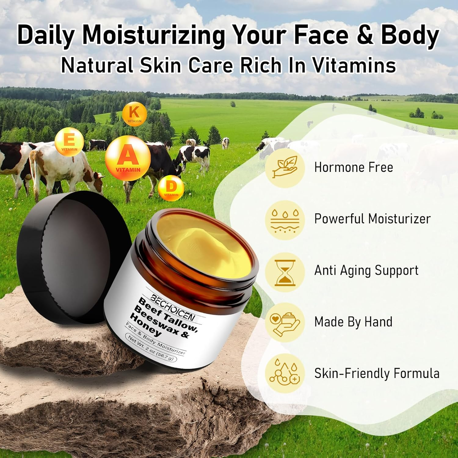 Beef Tallow and Honey Balm,Tallow Balm for Face & Body,Grass Fed Beef Tallow Moisturizer with Tallow,Beeswax & Honey,Moisturizes & Repairs Dry Skin,2 Oz image number 5