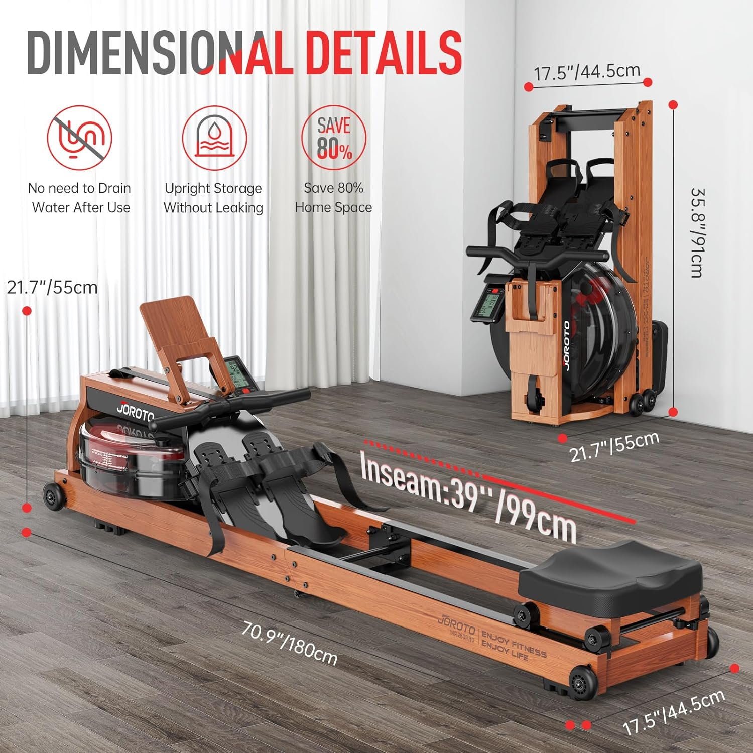 JOROTO MR280 Water Rowing Machine for Home Use, Oak Wood Foldable Rower Machine 330Lbs Weight Capacity with Bluetooth Monitor,Phone Holder |Adjustable Tablet Holder image number 5