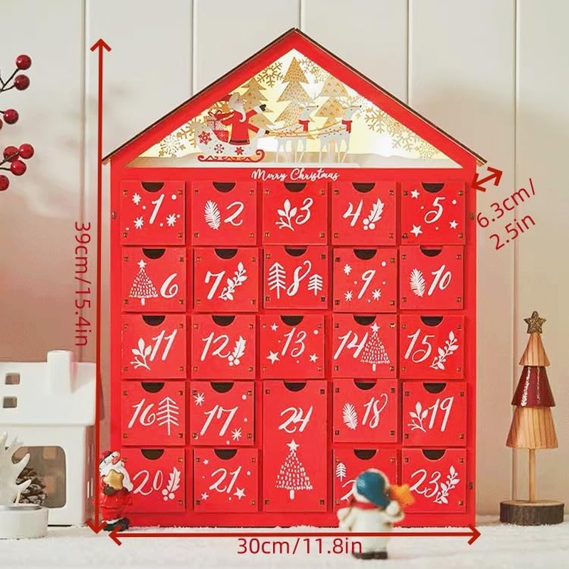 LED Christmas Advent Calendar with 24 Storage Drawers Wooden Advent Calendar Decorated with Christmas Tree House Reusable Xmas Countdown Calendar DIY for Adults Kids Gifts Holiday Decoration (Red) - Red image number 4
