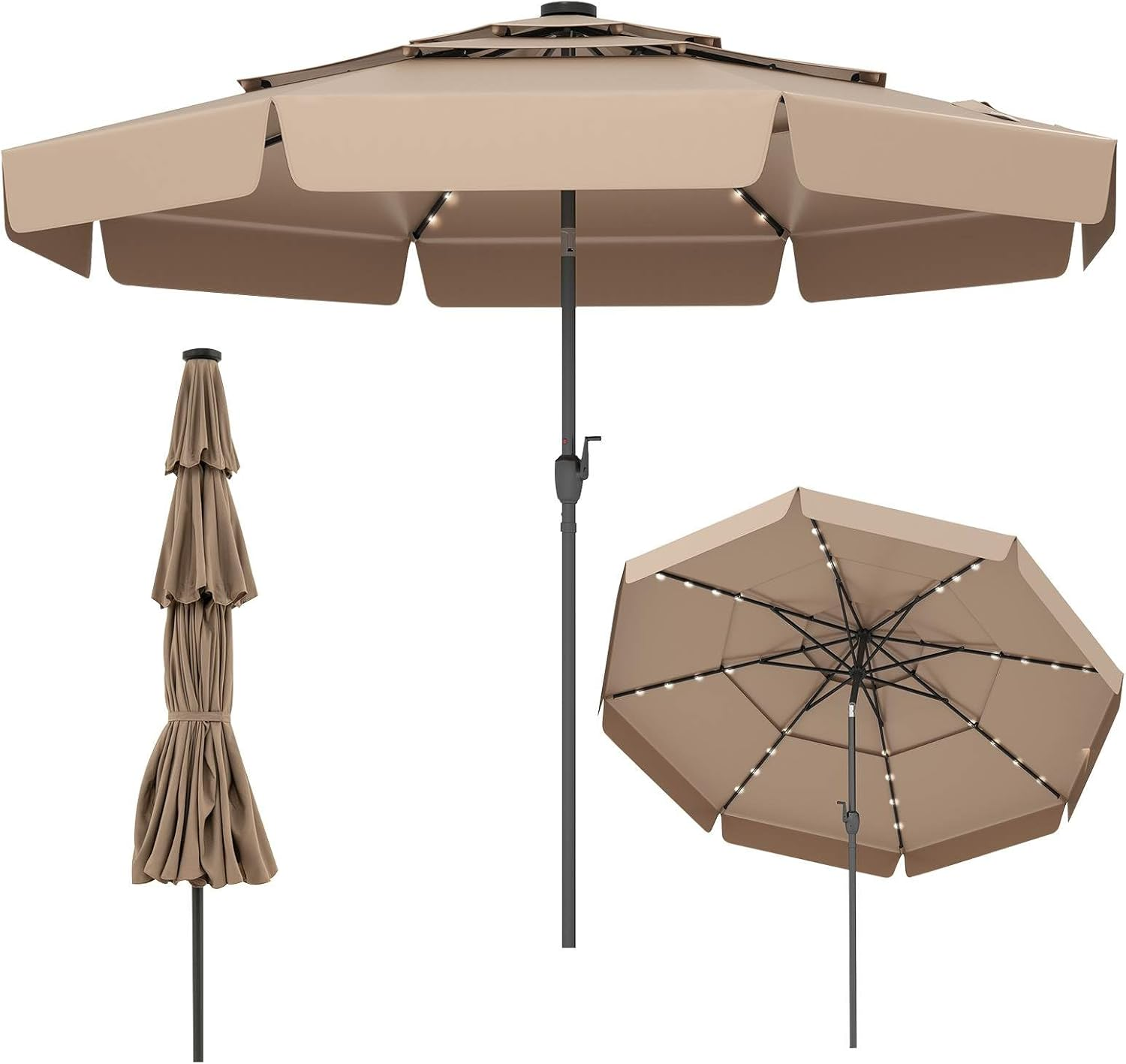 Costway 3M Solar Patio Umbrella W/ 32 LED Lights, 3-Tier Vented Top, Ruffles, Tilt Adjustment, Easy Crank, 8 Ribs, Outdoor Yard Poolside Deck Beach Lawn Market Sunshade, Heavy-Duty Table Parasol
