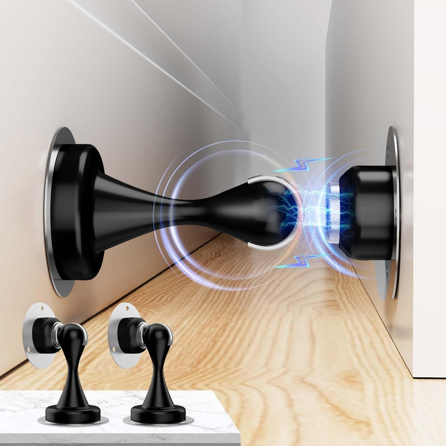 Magnetic Door Stopper - 2 Pack - Stainless Steel Door Stoppers for Bottom of Door| Magnetic Door Stop for Wall and Floor Mounting| No Drilling Door Catch Door Holder with 3D Adhesive Tapes (Black)