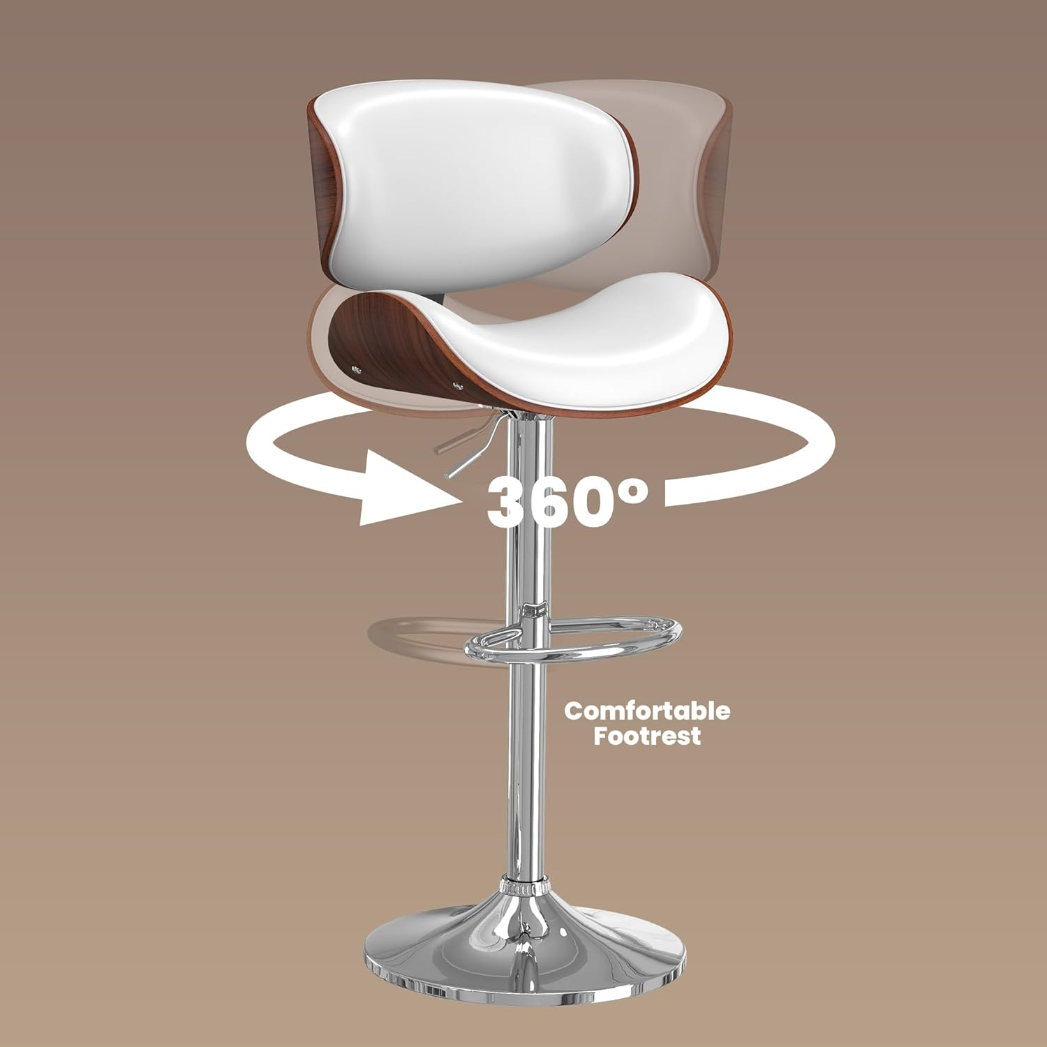 Bar Stools Set of 2, Bar Stools for Kitchen Island with Bentwood Back and Leather Seat, Swivel Barstools for Kitchen Counter, Bar, White image number 4