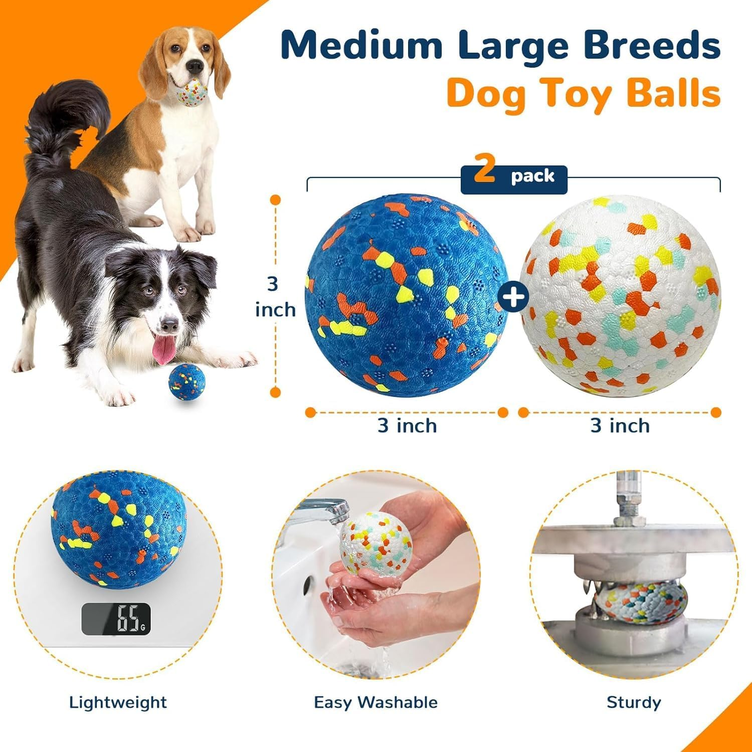 2 Pack Dog Toy Balls Indestructible Dog Tennis Ball Aggressive Chewers 3Inch/7.5Cm Dog Toys for Medium Large Dogs Interactive Durable Bouncy Dog Chew Balls Water Toy Fetch Balls image number 6