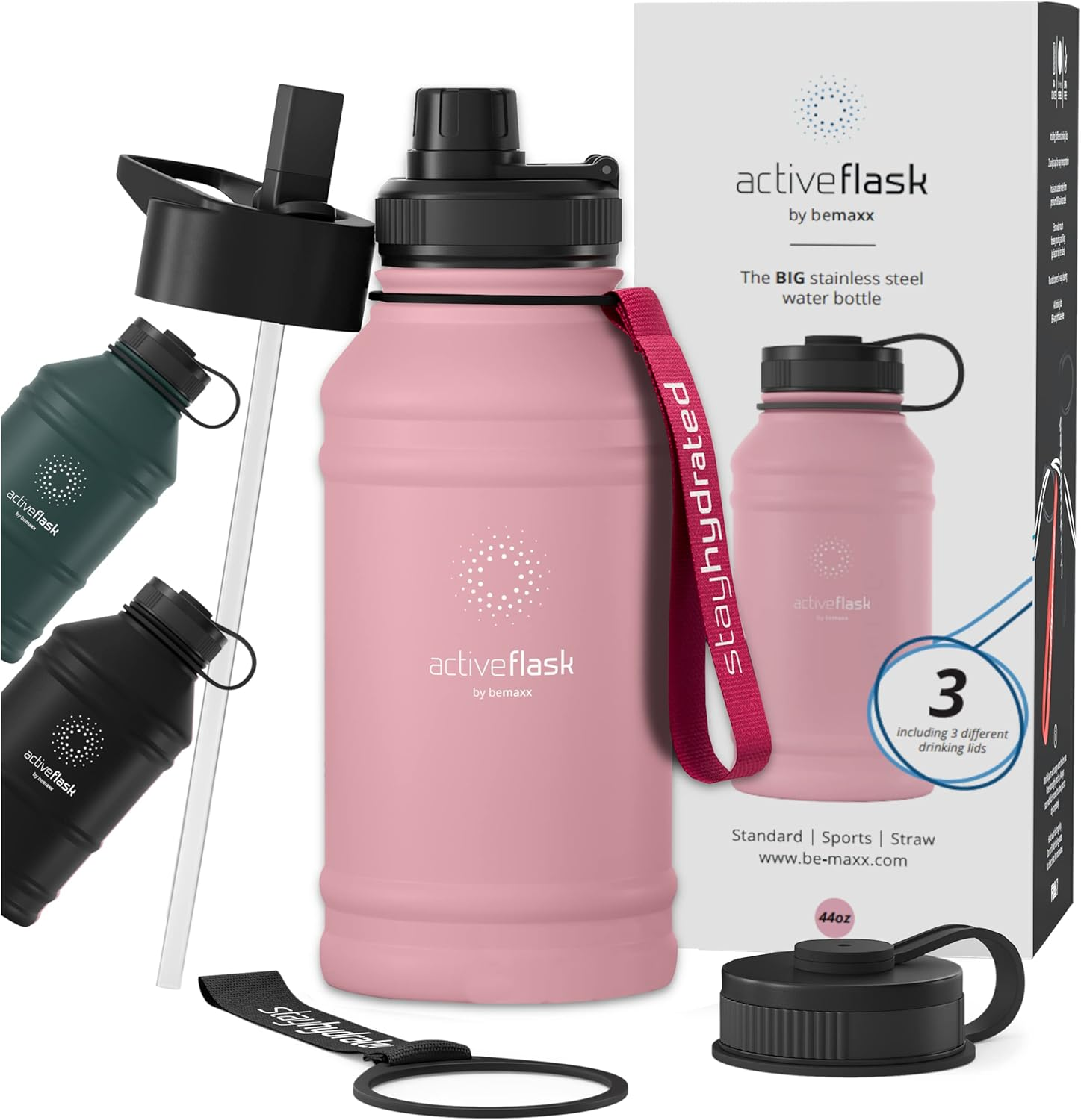 Leakproof Stainless Steel Water-Bottle ACTIVE FLASK + Straw (3 Lids) | Large 1.3/2.2 L Capacity Sports Container Bpa-Free, for Carbonated Drinks, 74 Oz XL Training Outdoor Fitness Water Bottle