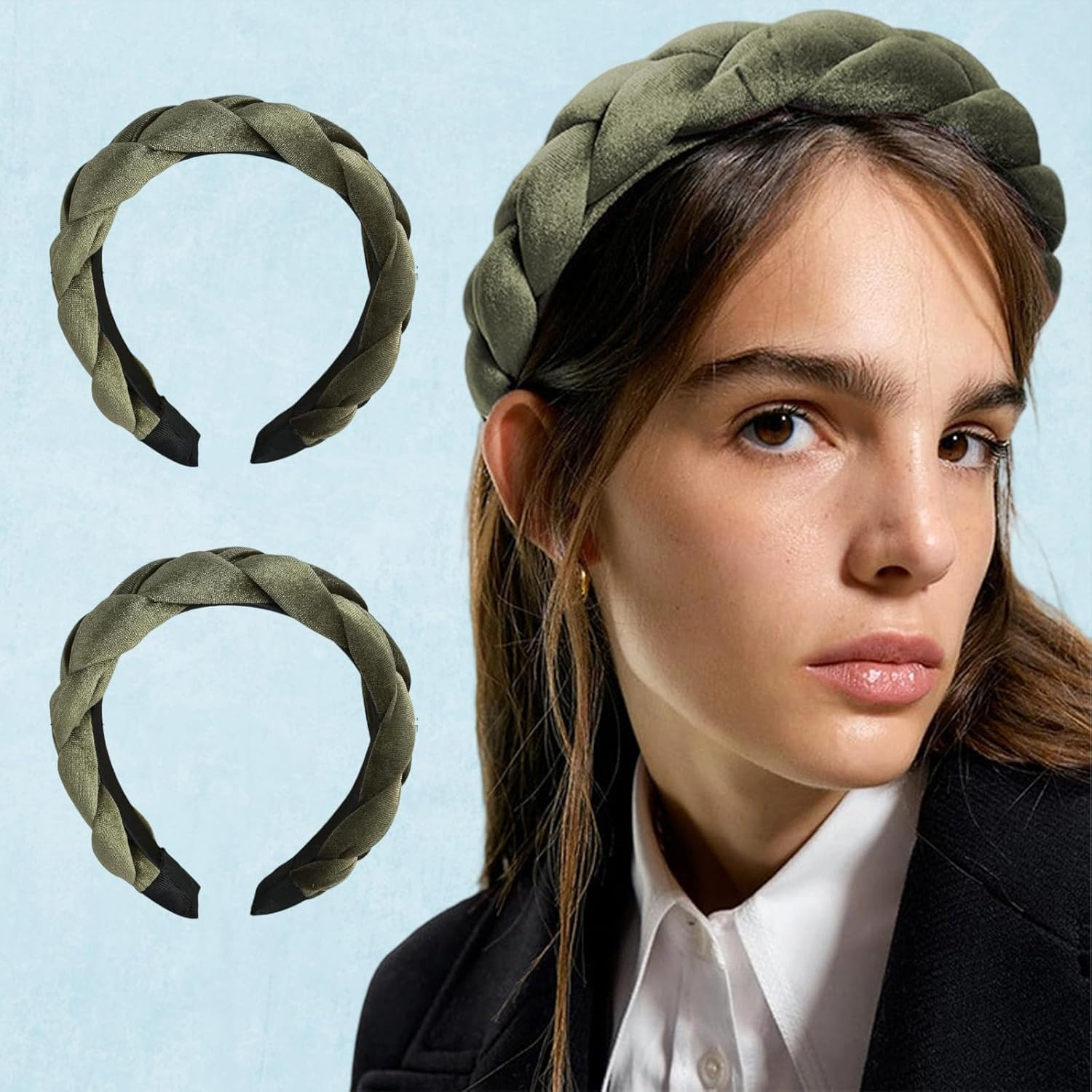 Pack of 2 Vintage Dirndl Headbands, Cross Braid, Fashion Headband Green for Makeup, Face Wash and Headpiece image number 2