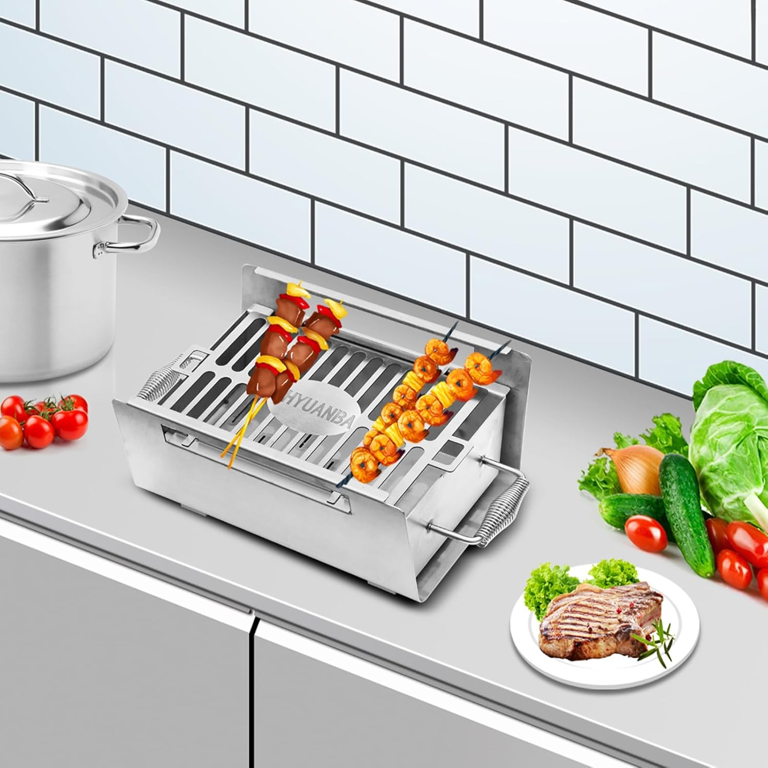 Portable Charcoal Grill,15.8"Folding Reusable Barbecue,Compact Thickened 304 Stainless Steel Tabletop Grill with Handle for Camping Picnic Travel Backyard and Party Cooking image number 4