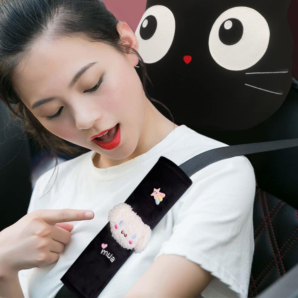 Kawaii Car Seat Belt Strap Cover, Cute 2 Pieces Set Anime Seat Strap Neck Protector Car Decorations for Women