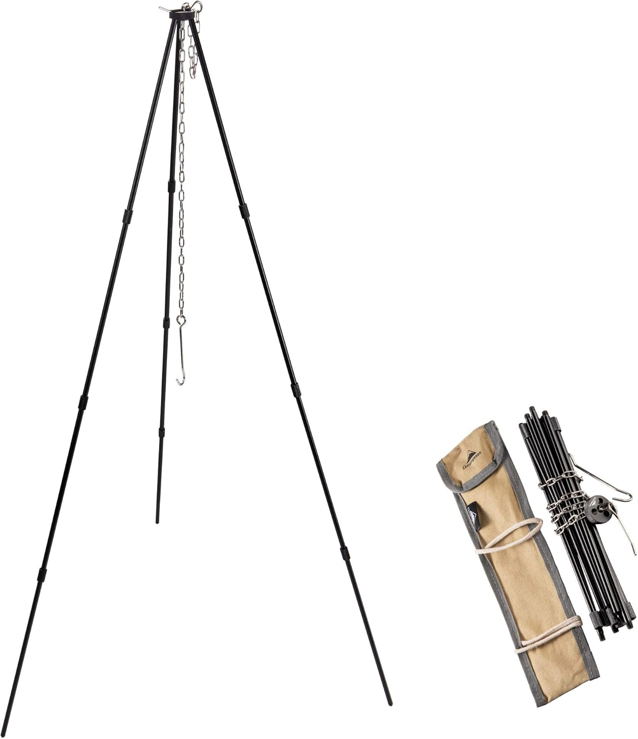 CAMPINGMOON Camping Campfire Tripod with Carrying Bag Portable Lightweight Aluminum 41.3-Inch Height Stainless Steel Chain