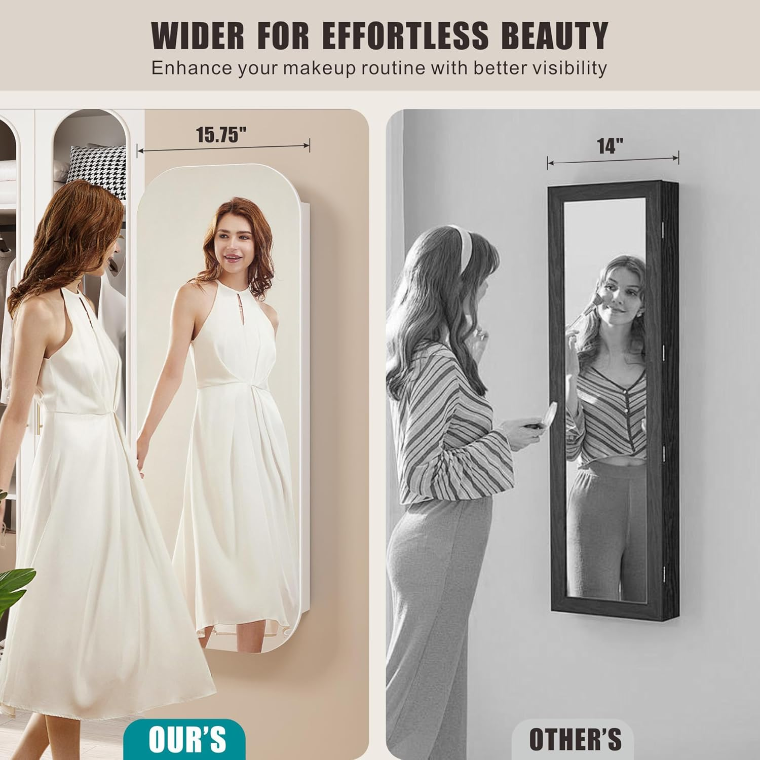 Dystler Mirror Jewelry Cabinet - Wall/Door Mounted Jewelry Armoire with Large Capacity - Lockable Tall Hanging Organizer - Cosmetic Storage & Gift Idea - White image number 2