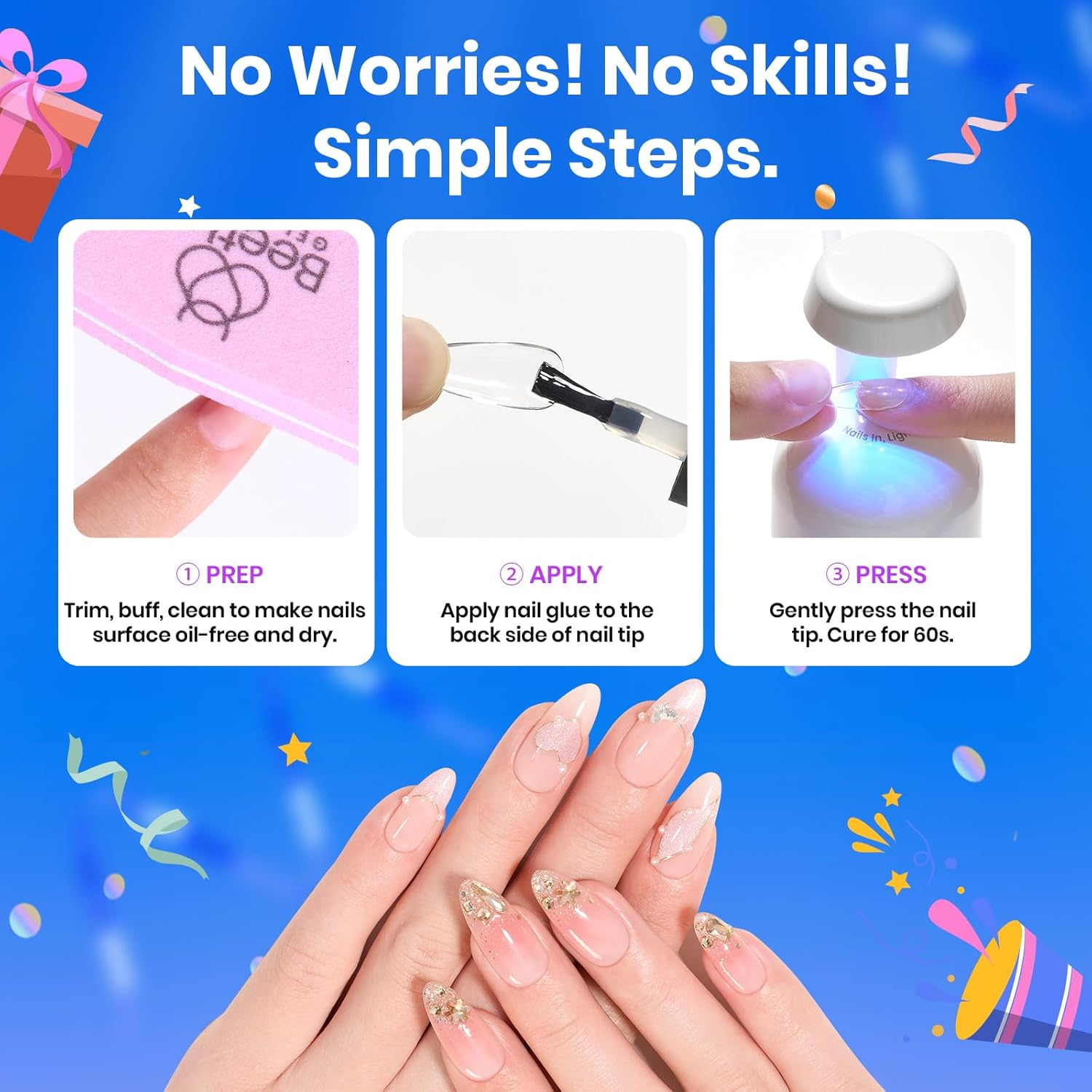 Beetles 9 in 1 Gel Nail Glue for Acrylic Nails Tips, 2 Pcs 10Ml Super Strong Nail Glue for Clear False Nails Tips Base Coat Rhinestones Blooming Art Gel Long Lasting U V Light Cure image number 1