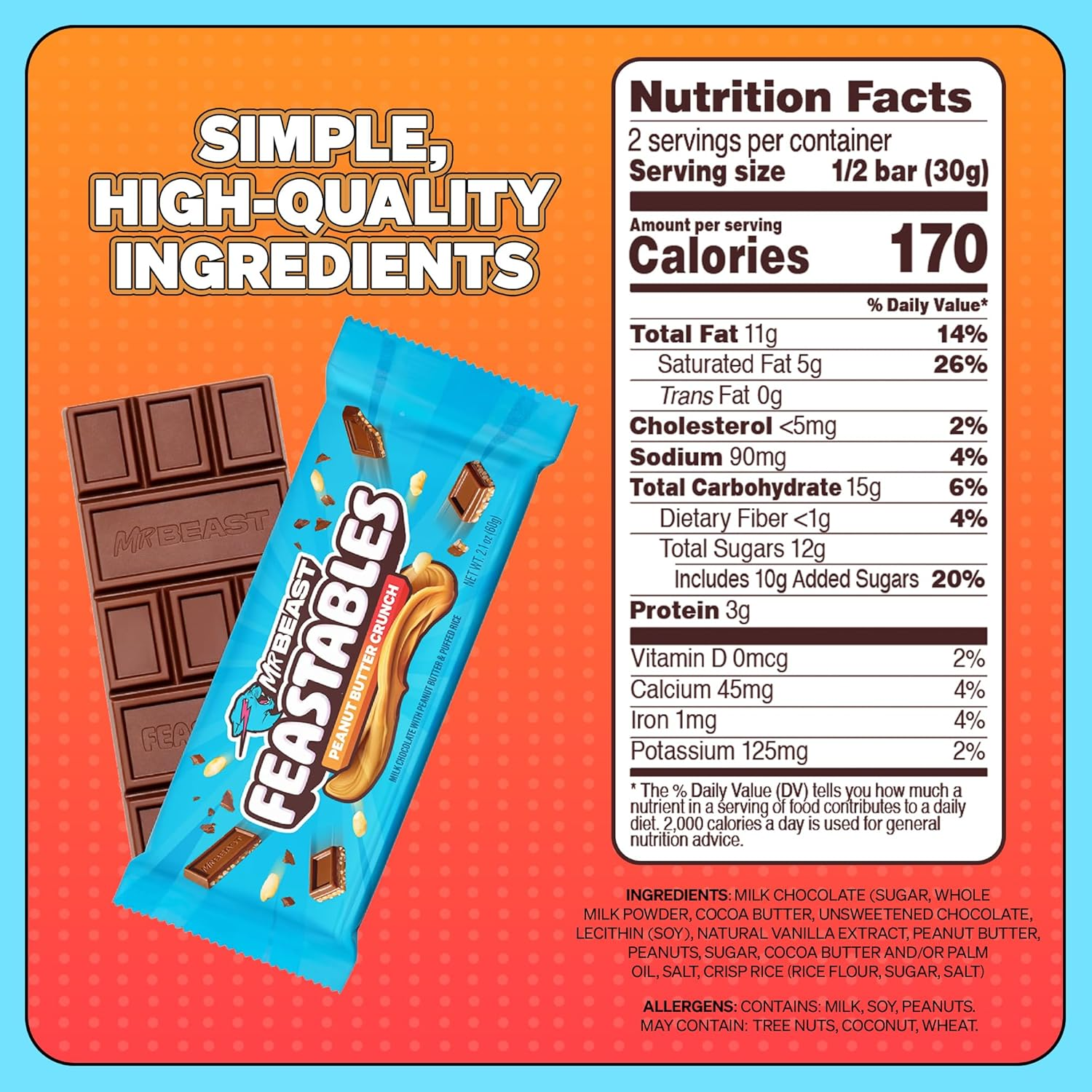 Feastables by Mrbeast Peanut Butter Milk Chocolate Crunch KING Size Candy Bar, 2.1Oz (60G), 10 Count
