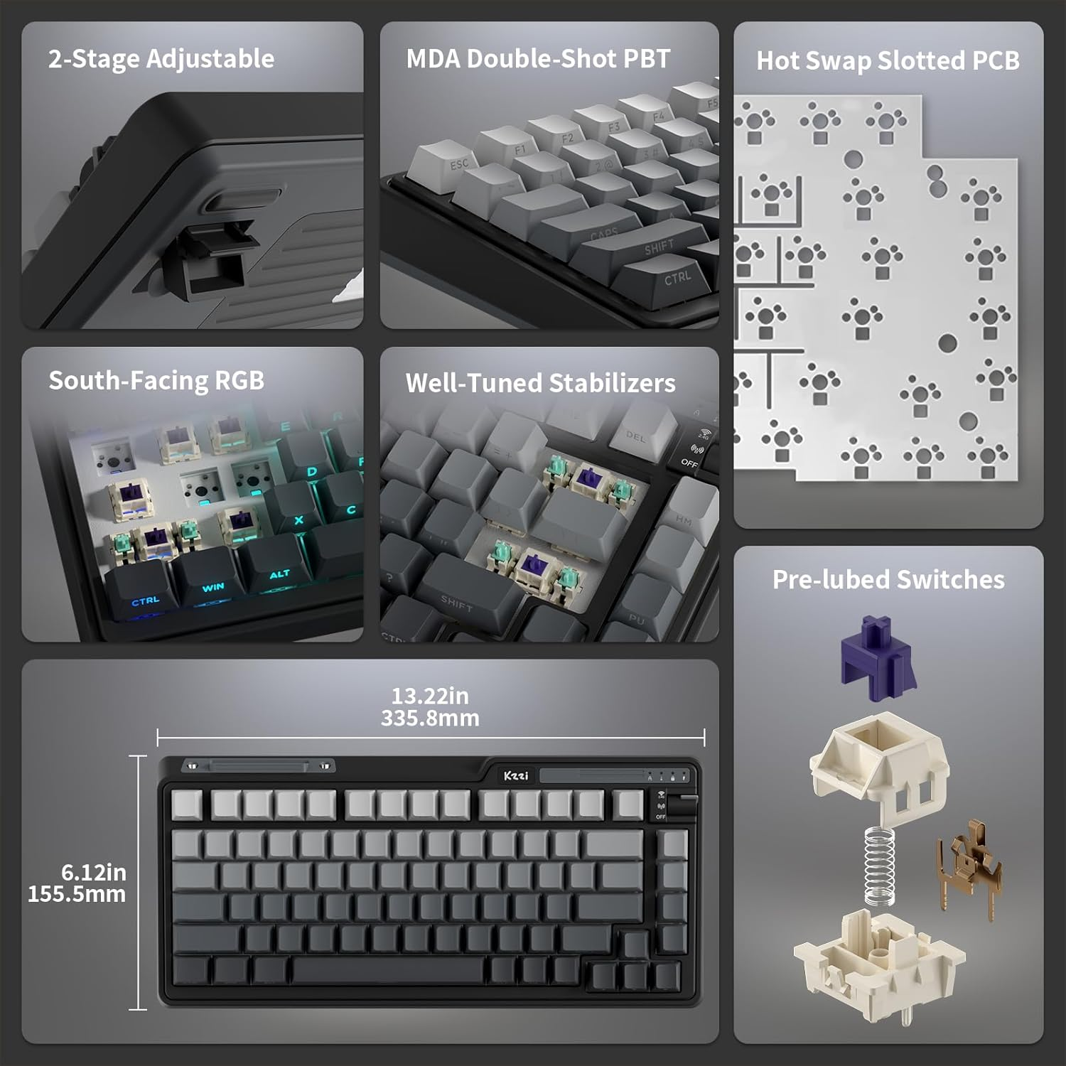 KZZI K75 Lite 75% Gasket Wireless Mechanical Keyboard, RGB Gaming Keyboard W/ 3-Mode Knob BT 5.0/2.4G/USB-C Wired, Hot Swappable, PBT Keycaps, 5-Layer Padding & Creamy Pre-Lubed Custom Linear Switches image number 5