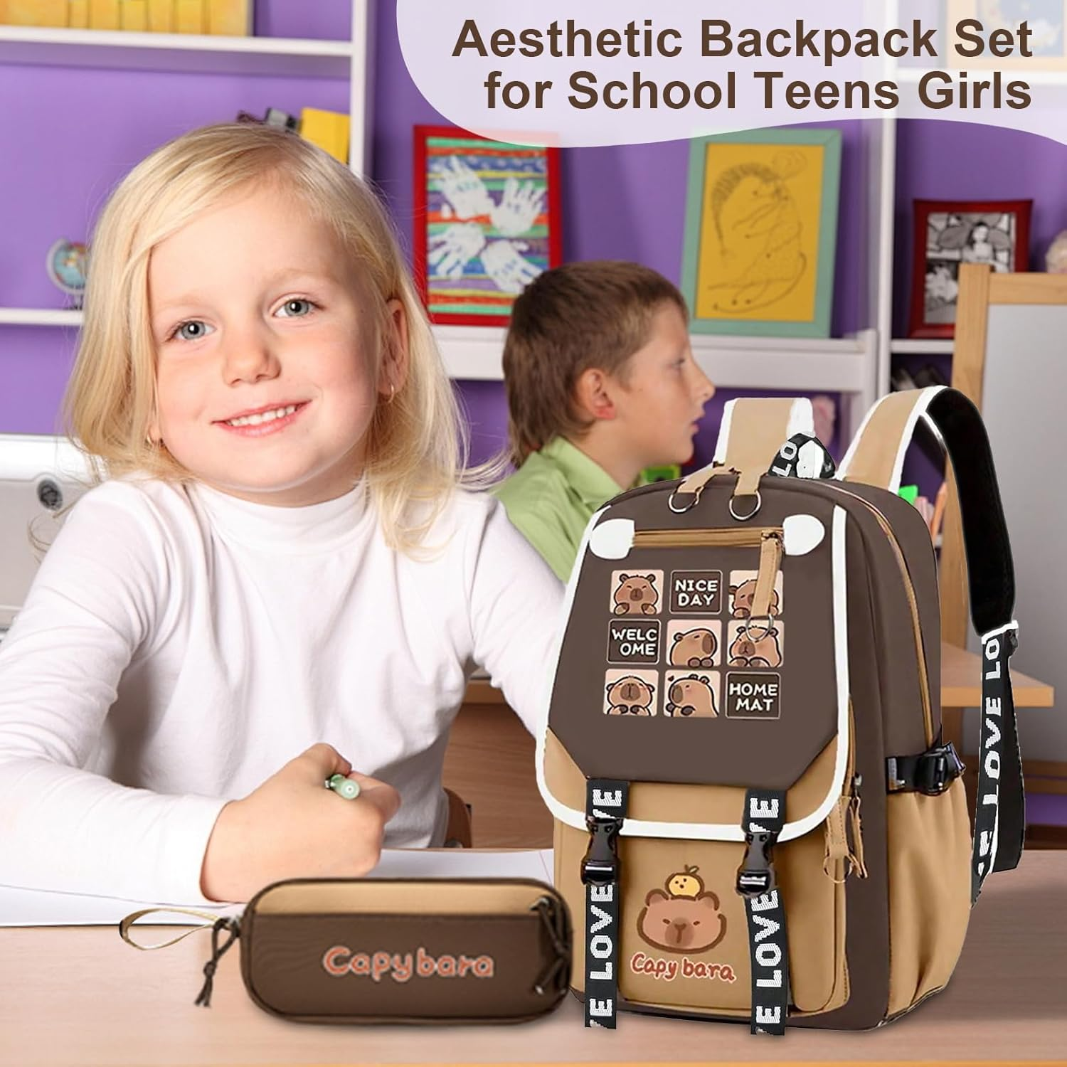 Gupcaqosjw Backpack for Girls,Cute Junior High School Capybara Bookbag - Stylish Children Bookbag with Messenger Bag and Pencil Case for Textbooks Water Cups Stationery Pen Tissue - B image number 5