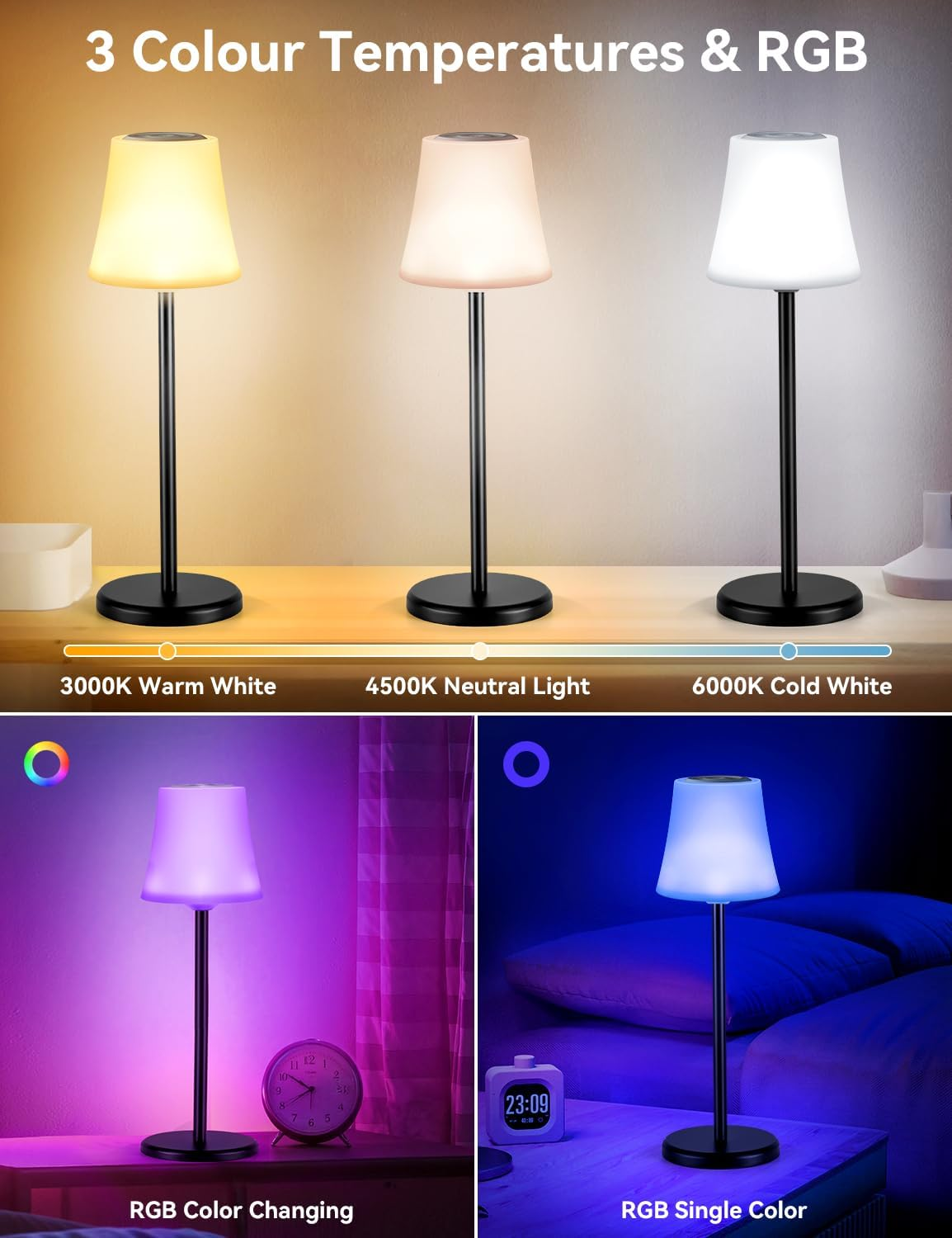 Rechargeable Cordless Table Lamp, Wireless LED Wine Bottle Light, 4000Mah Battery Operated Touch Lamps, IP54 Waterproof Portable Desk Lamps with 3 Color Stepless Dimmable for Indoor/Outdoor/Bars(2Pc)