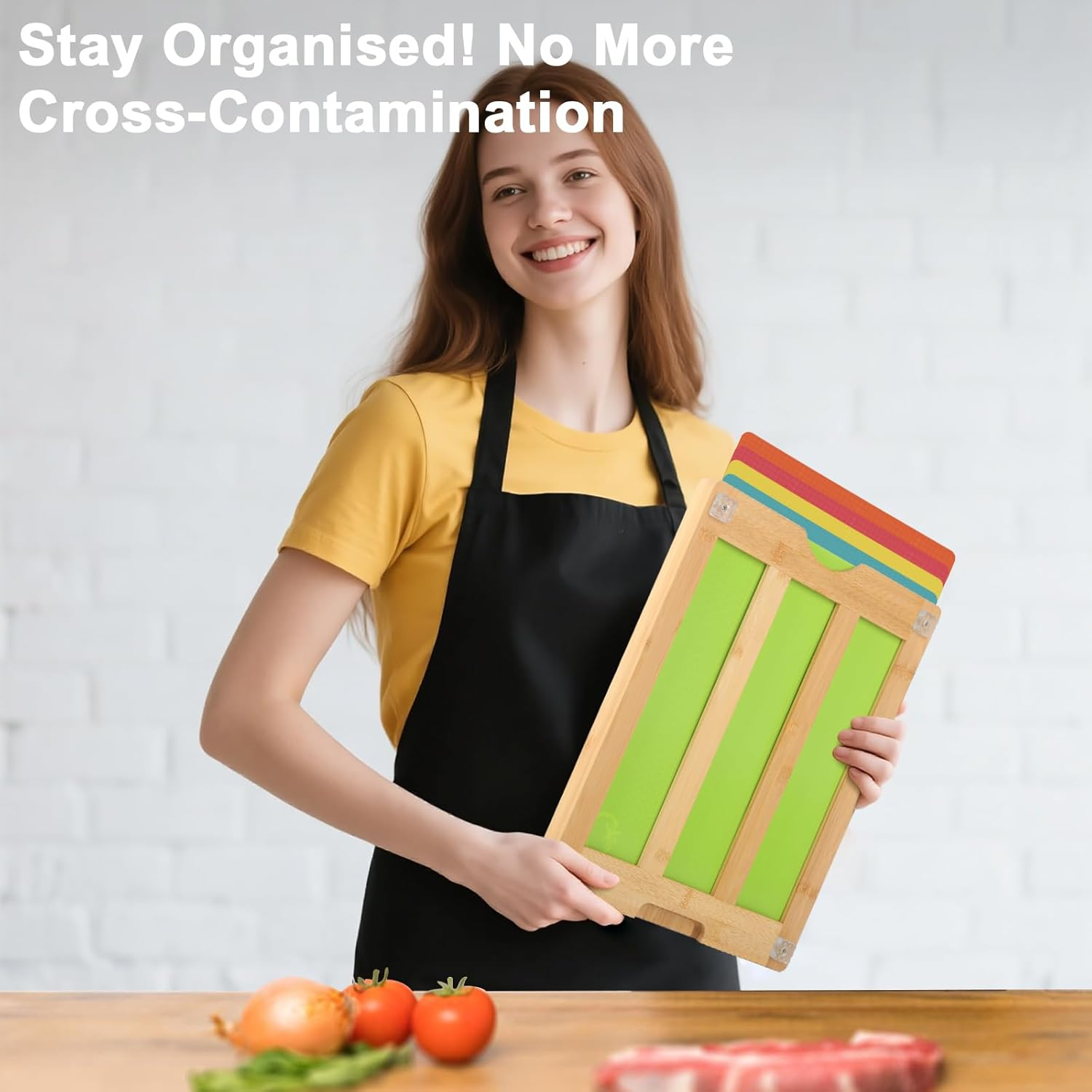 Kisfam Bamboo Chopping Board Set with Holder & 5 Non-Slip Cutting Boards - Color Coded Plastic Mats for Kitchen, Food Safe BPA Free - Cutting Board Storage (Red,Green,Blue,Yellow, Orange) image number 5