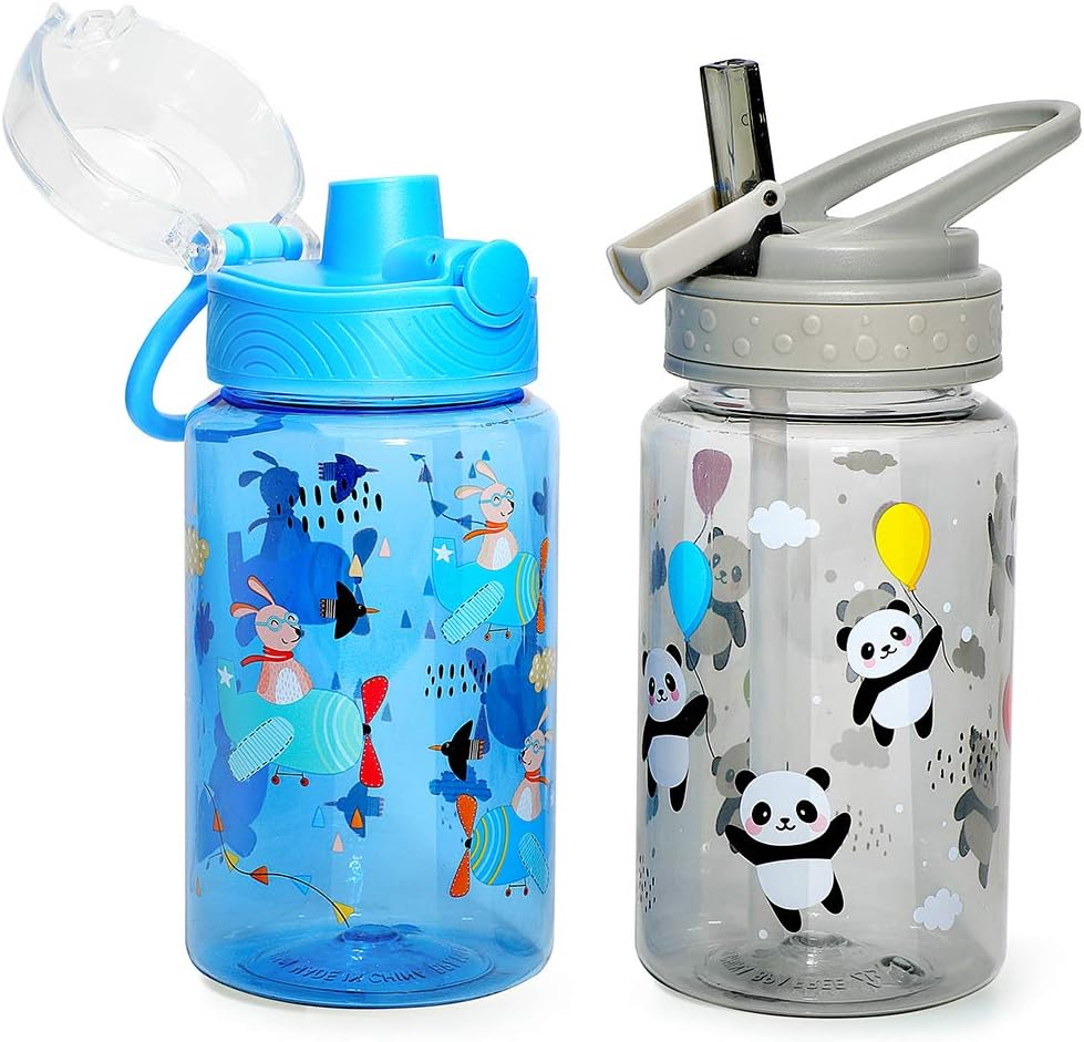 Home Tune 16Oz Kids Water Drinking Bottle - Tritan BPA Free, Flip Straw Lid, Wide Mouth, Carry Loop, Lightweight, Leak-Proof Water Bottle Cute Design for Girls & Boys - 2 Pack Unicorn & Flamingo