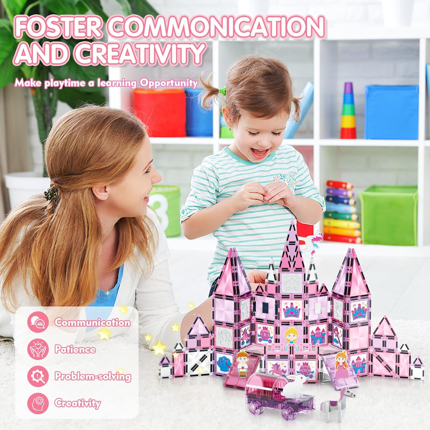 126PCS Magnetic Tiles, Pink Princess Castle Magnetic Tiles Building Blocks, Diamond Magnetic Building Blocks Toys Gifts for Kids Boys Girls 3 4 5 6 7 8 9 10 + Year Old image number 6