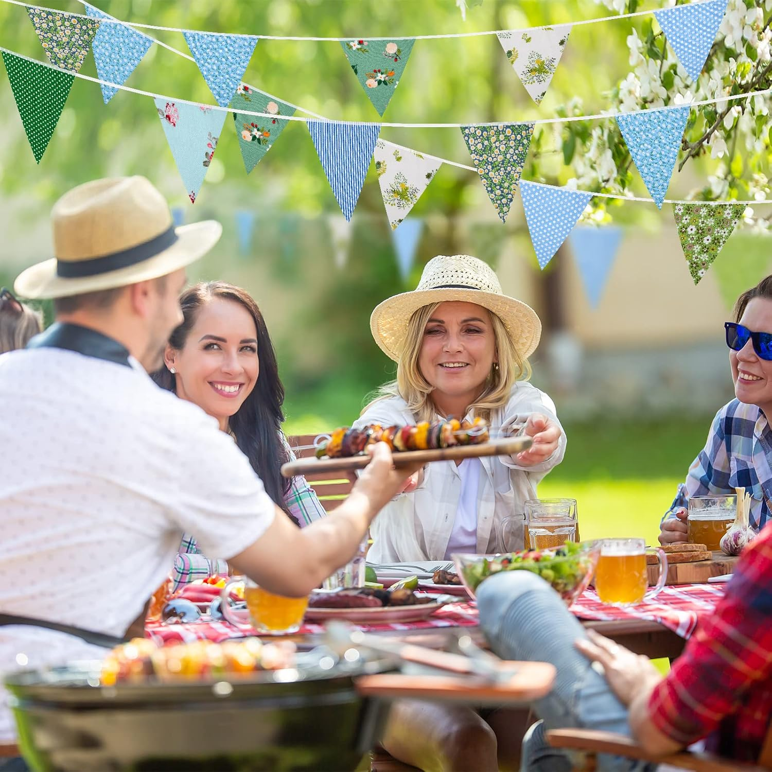 15M/50Ft Fabric Bunting Flag 48 Pieces Vintage Cotton Floral Fabric Bunting Outdoor Waterproof Reusable Festival Flags for Baby Shower Party Christmas Birthday Garden Decorations(Green and Blue) image number 4