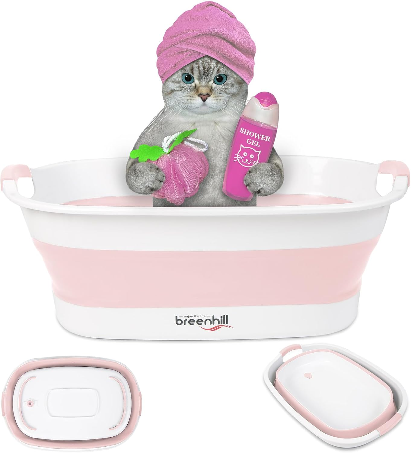 BREENHILL Collapsible Dog Bath Tub for Small Dogs & Cats, Portable Puppy Bath Tub with Water Drain Plug, Space Saving Foldable Pet Bathtub for Indoor & Outdoor Use, Grey