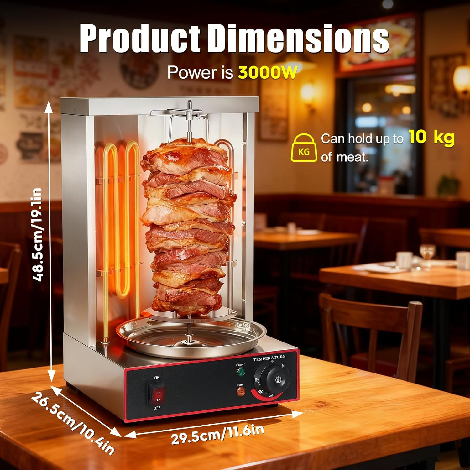 Electric Shawarma Grill Machine, Automatic Rotating BBQ Doner Kebab Grill, Vertical Rotisserie Broiler with 2 Heating Tubes, Gyro Rotisserie Oven with Adjustable Temperature 50-300&deg;C image number 1