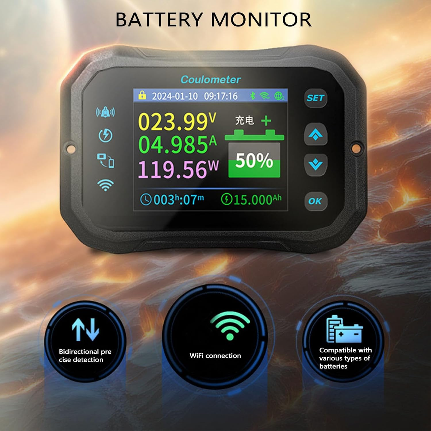 Battery Monitor, 2.4 Inch HD Color LCD Battery Capacity Monitor, Bidirectional Detection Bluetooth Remote Monitoring Smart Shunt with 5M Communication Wire for RV, Car, Golf Cart