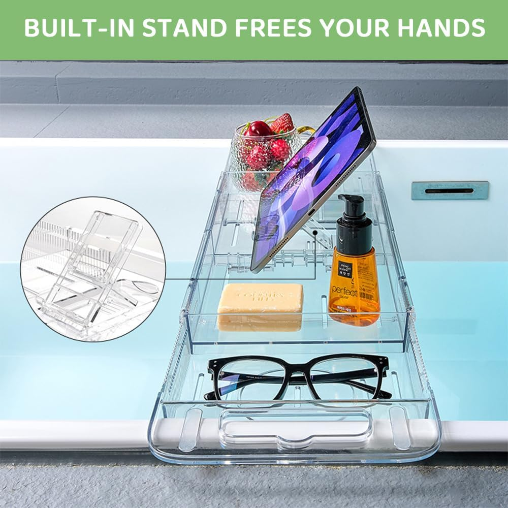 Kirbybear Expandable Bathtub Tray Caddy, Clear Bath Shelf Organizer for Tub, Multifunctional Bathroom Storage Rack for Candle, Towel, Book, Wine, Phone & Spa Relaxation image number 2