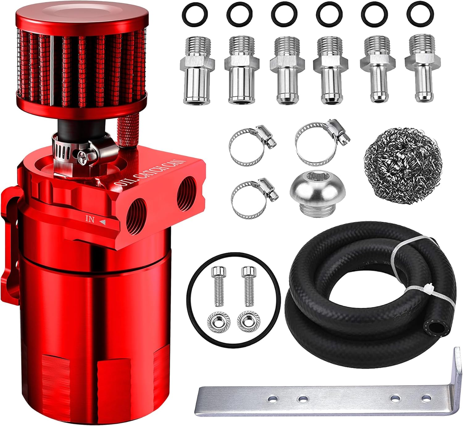 EVIL ENERGY Polish Baffled Universal Oil Catch Can Reservoir Tank Breather Filter Kit with 3/8" NBR Fuel Line Aluminum Black