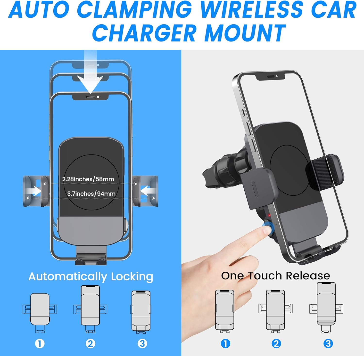 Wireless Car Charger, Fast Charging 15W Auto Clamping Car Charger Phone Holder Phone Mount for Iphone16 15 14 13 12 11 Pro Max Xs, Samsung Galaxy S24 Ultra S23 S22 S21 S20 S10+ Note 9, Etc image number 1