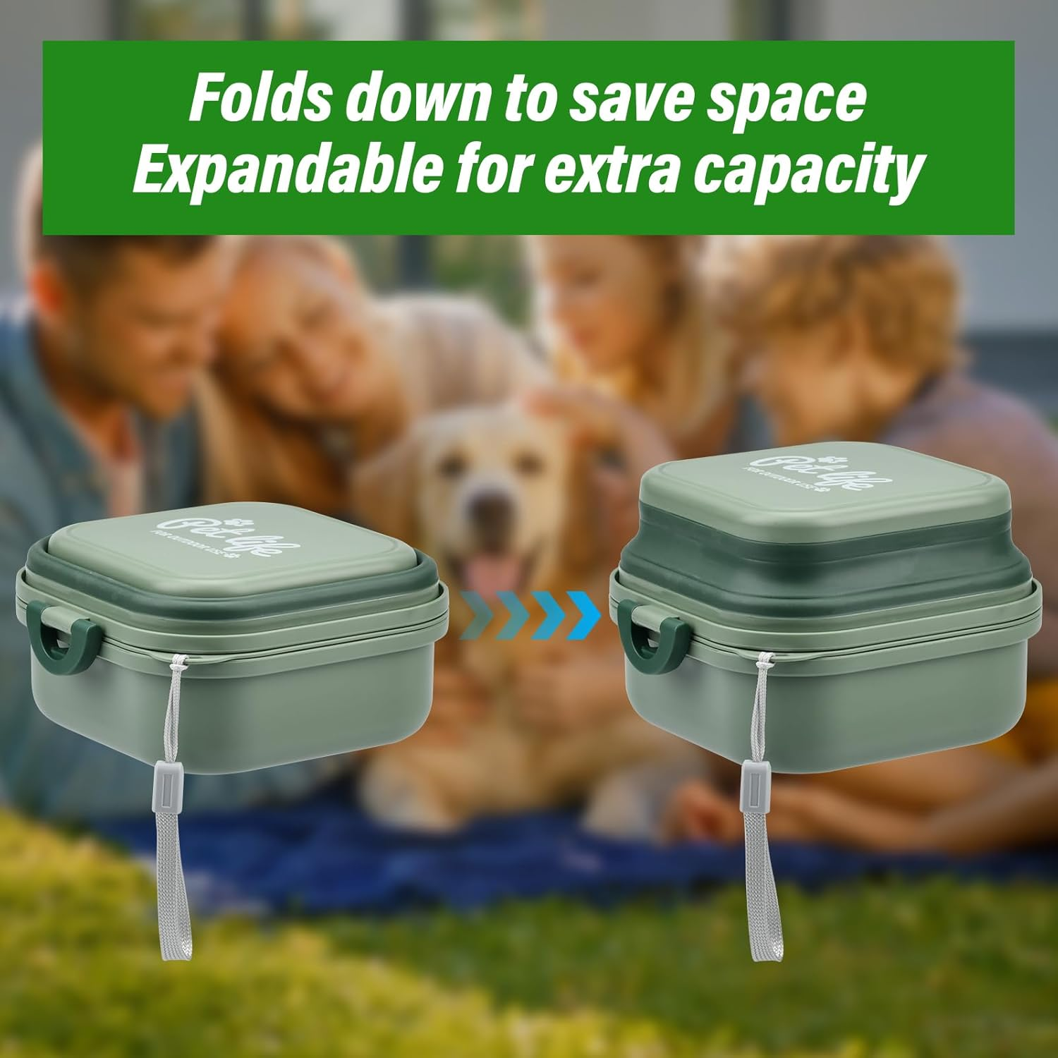 Portable Foldable Dog Bowl, 400 + 400 Ml, 2-In-1 Food Bowl, Travel Bowl, Dogs with Lid and Carabiner for Dogs and Cats, for Travel or at Home, Green image number 3