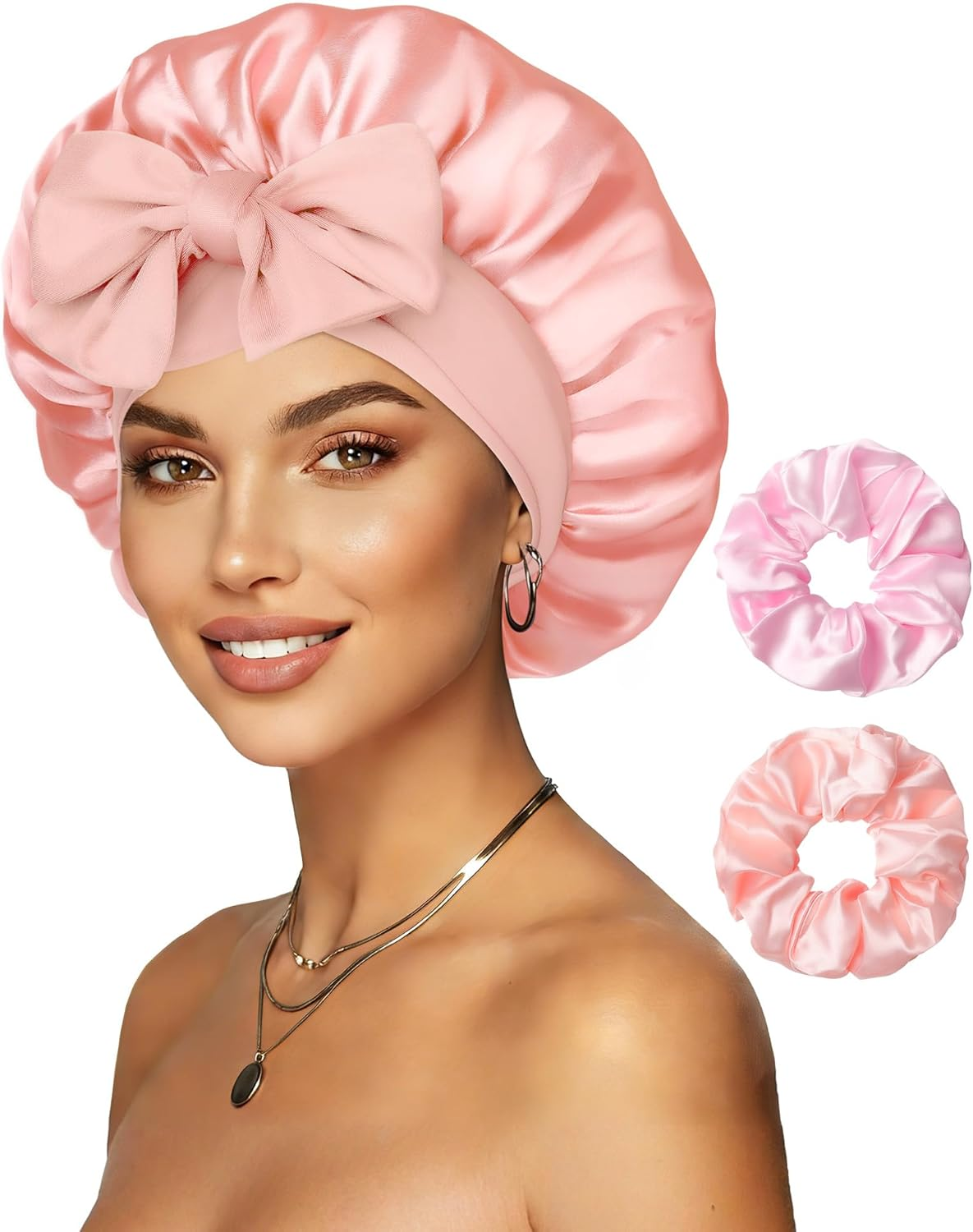 Reversible Satin Bonnet for Sleeping Women Double Layer Hair Bonnet with 2PCS Hair Scrunchies Elastic Tie Band Night Cap, Apricot Powder+Champagne