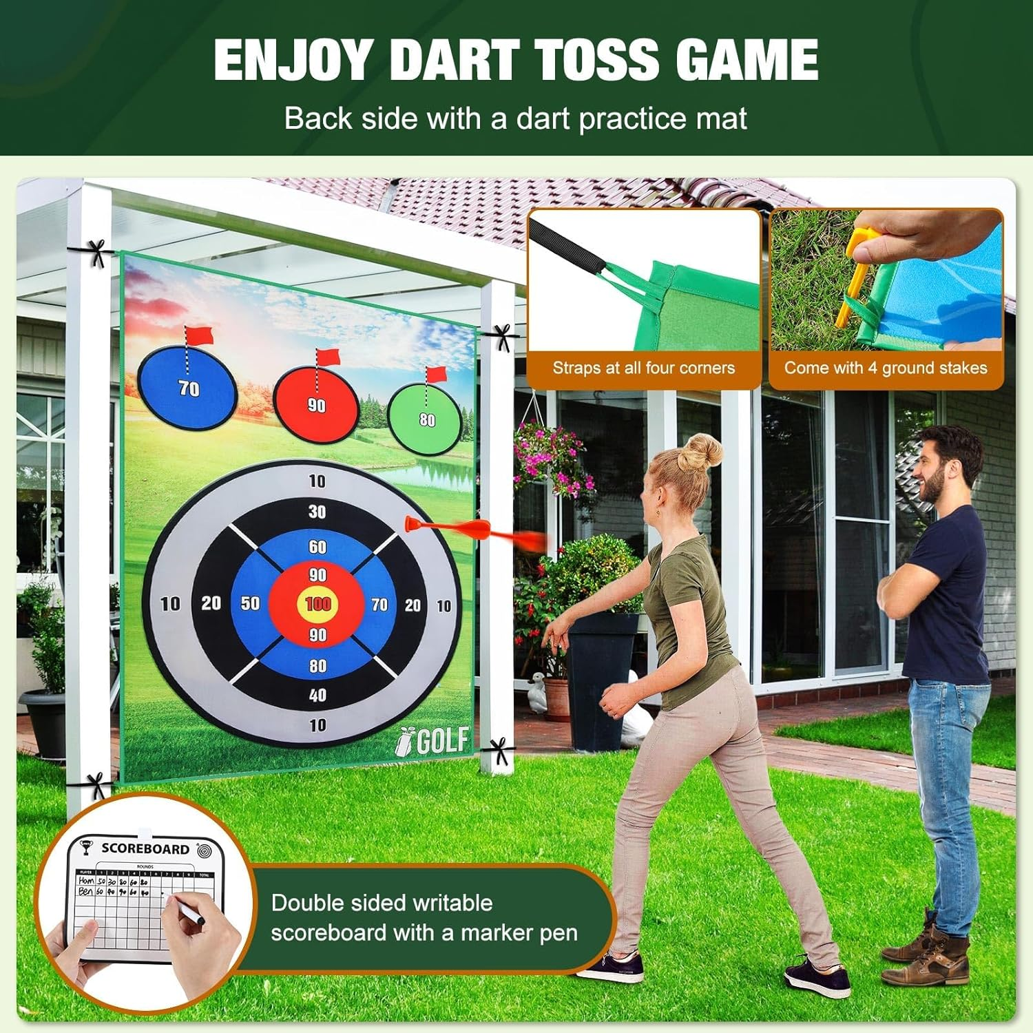 Golf Game Golf Chipping Game, Double Sided Golf Game & Golf Hitting Mat plus for Kids Adults, Indoor Golf Games Practice Mat with 20 Sticky Balls And10 Darts image number 1