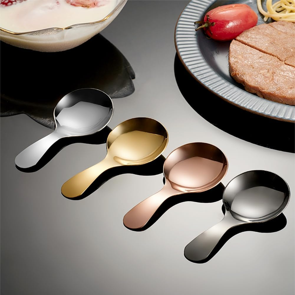 5PCS Short Handle Spoon, Stainless Steel Mini Spoons Thickened Small round Spoon for Salt Condiments Dessert Tea Coffee (Rose Gold)