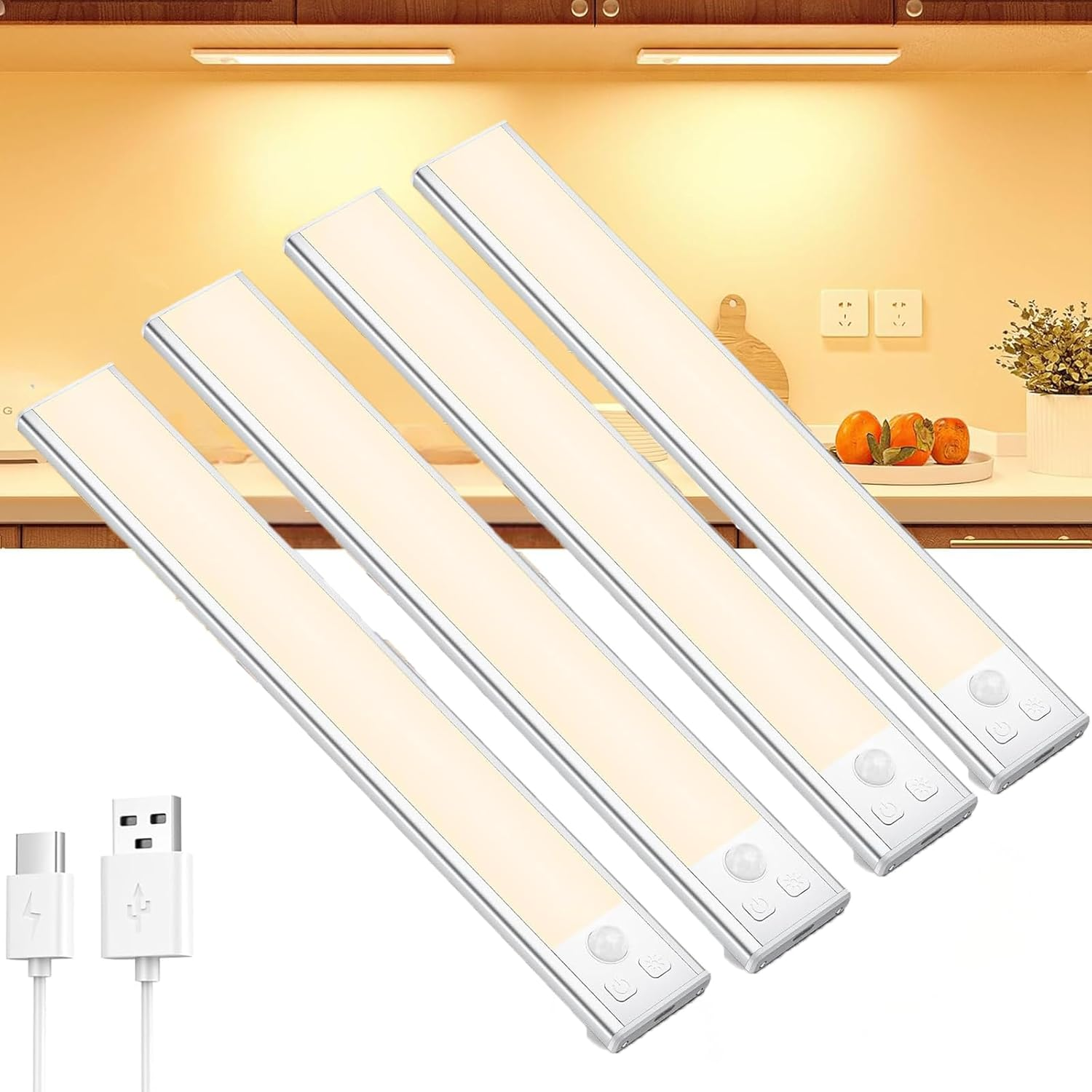 Under Cabinet Lighting, JOZUTTOW 4-Pack Motion Sensor Closet Lights, Wireless USB Rechargeable Led Light Bars, Sensor Night Lights for Drawers, Wardrobe, Cupboard, Stairs, Hallway, Kitchen (20CM) image number 4