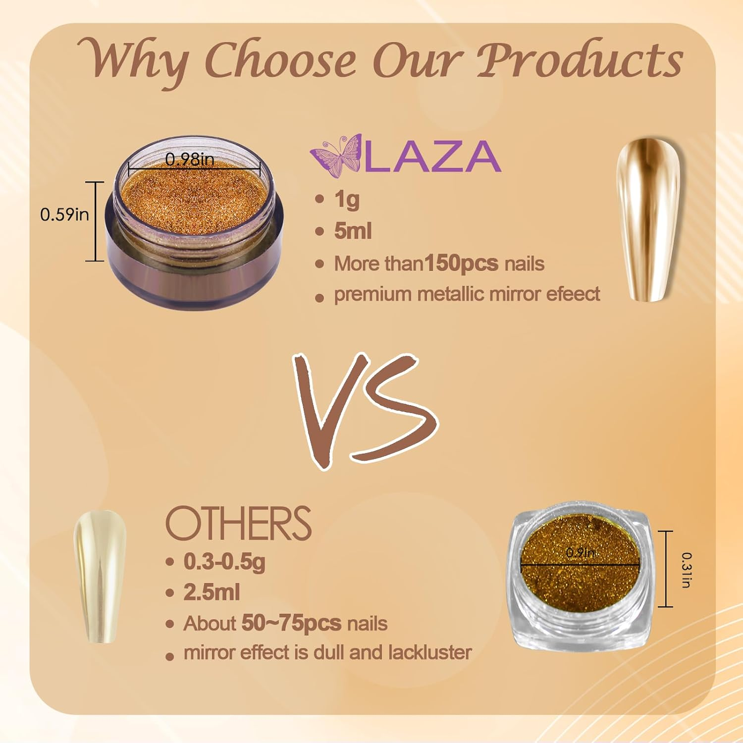 Laza Chrome Nail Powder Mirror Effect Metallic Dust Holographic Glitter Glazed Manicure Decoration Reflective Pigment for DIY Gel Polish Nail Art, Resin Craft, Gifts - Gold image number 4