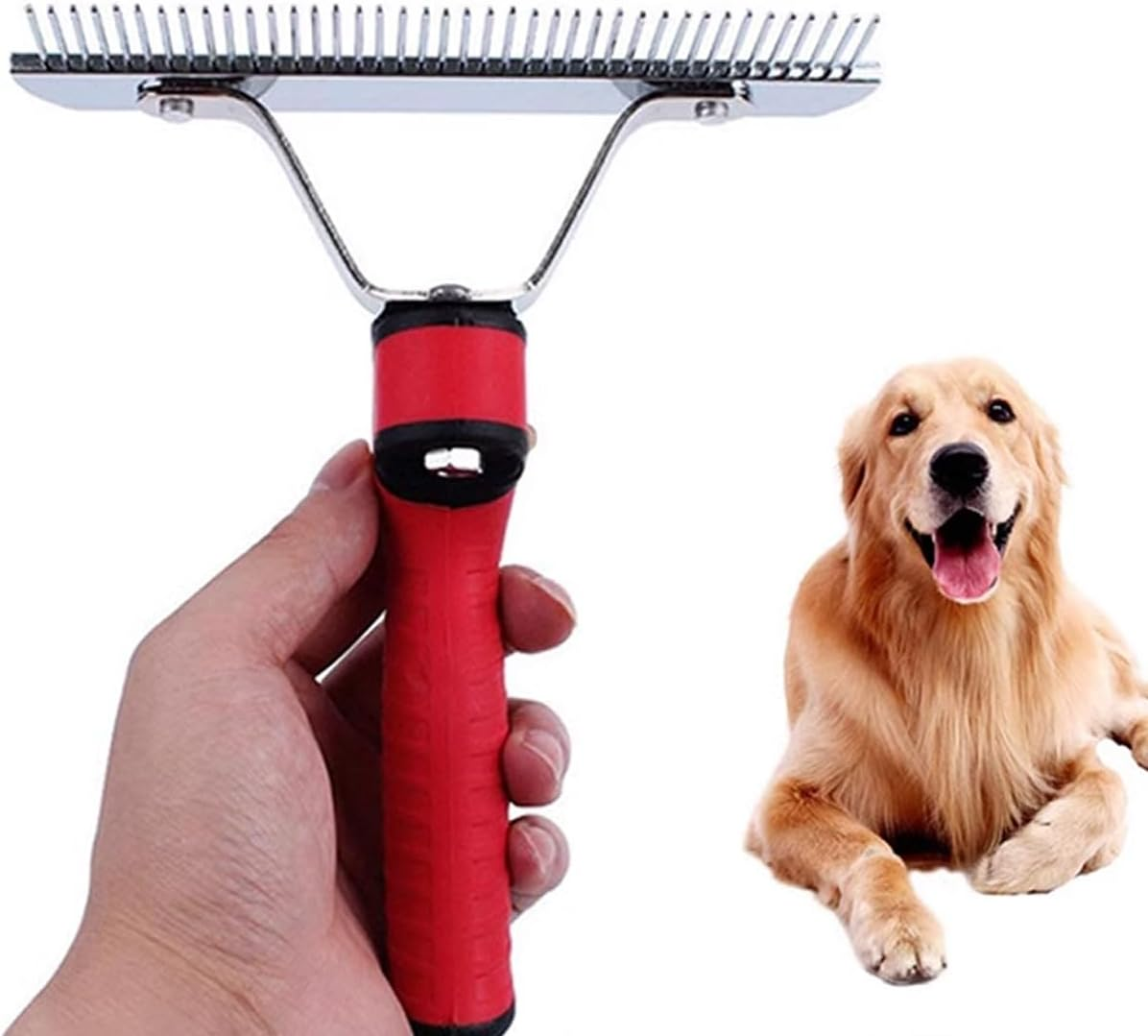 AIMALL Rubber Handle Pet Rake Comb - Big Dog Grooming Brush for Medium to Long Hair, Knot Removal, and Undercoat Cleaning