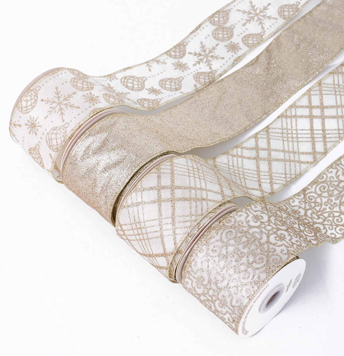 UNIQOOO 40 Yard 4 Rolls Seamless Silver Christmas Wired Ribbon Set, 2.5 Inch X 10Yd. Satin Burlap Wired Edge Ribbon for Xmas Tree D&eacute;cor, Gift Wrap Box, Bows, Wreath, Garland, Floral DIY Craft, Wedding