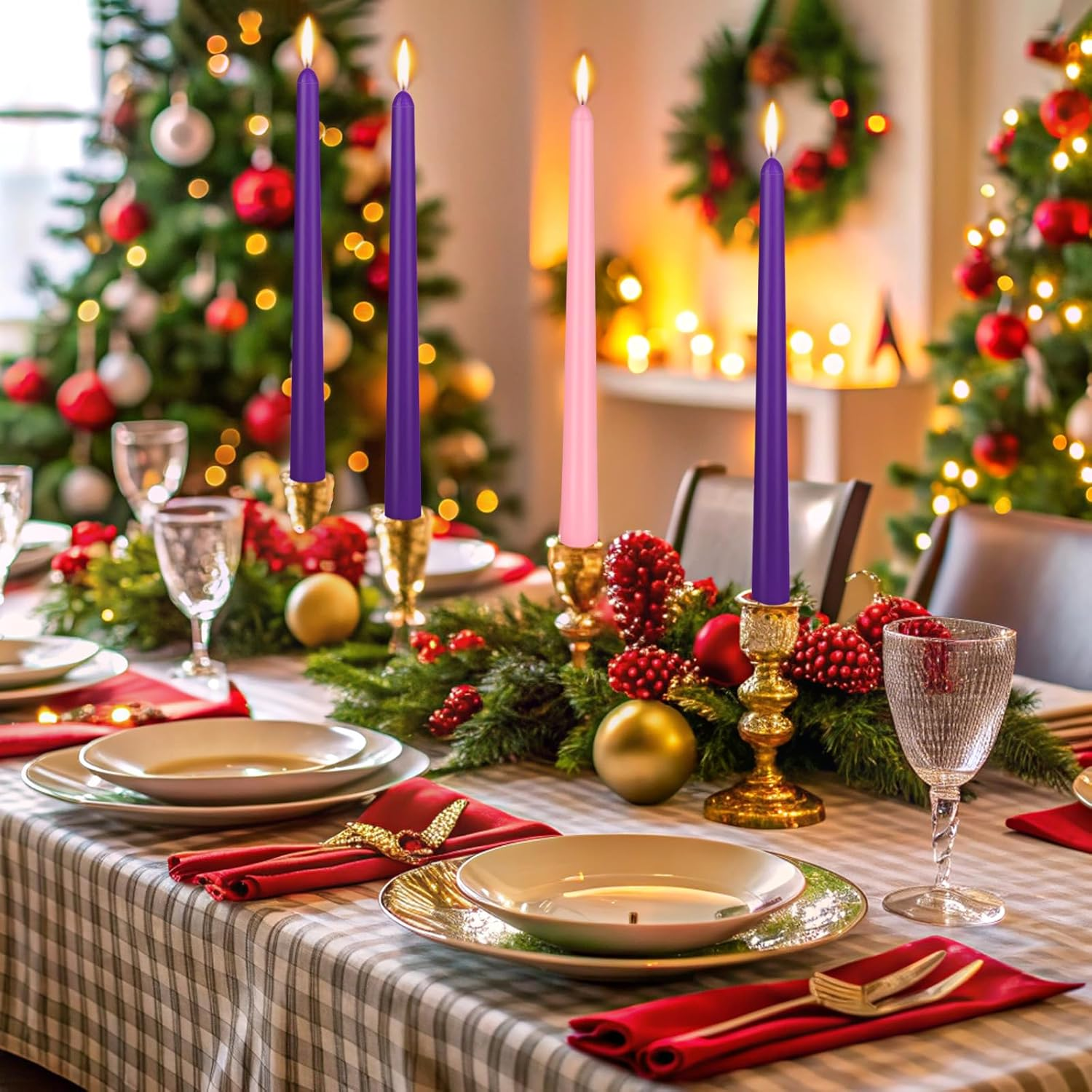 Christmas Product | 4 Pack Advent Candle Set, 3 Purple and 1 Pink Taper Candles, 10 Inch Smokless and Dripless Candlesticks Bulk for Advent Christmas Seasonal Celebration image number 6