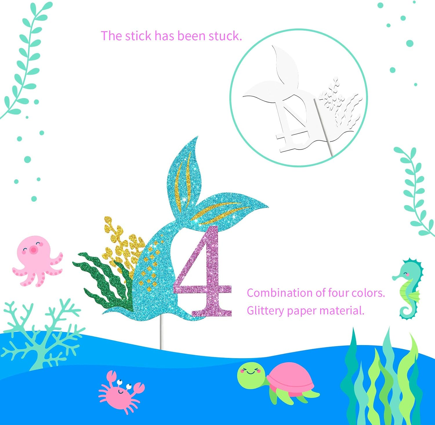 Mermaid Four Cake Topper, Happy 4Th Birthday Cake Decor, I'M Four Sign, Little Mermaid Birthday Party Decoration Supplies, Daughter of the Sea, under the Sea Themed, Ocean Themed - Glitter image number 2