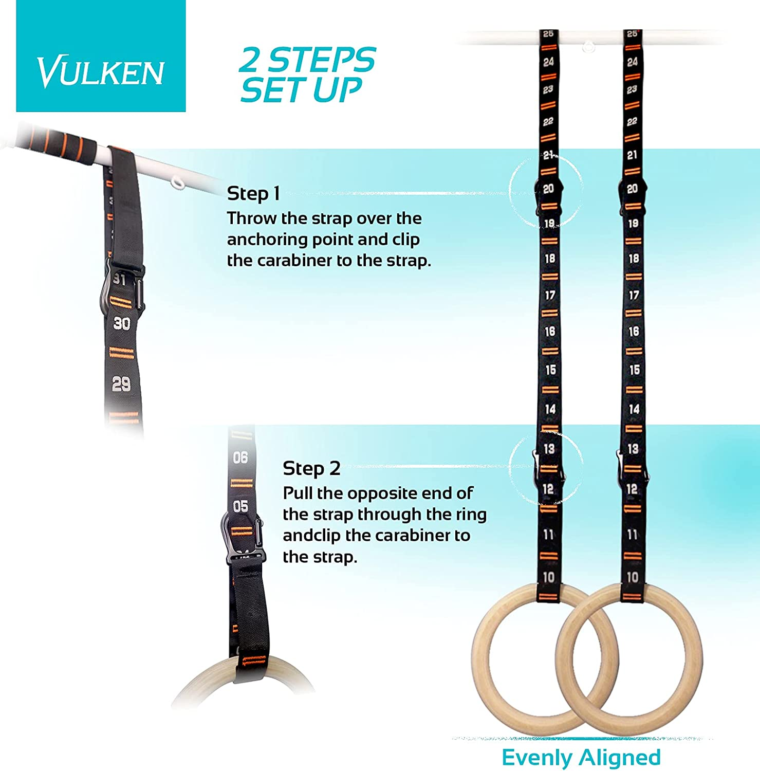 Vulken Adjustable Numbered Straps for Gymnastic Rings Steel Carabiners Quick Hook System Easy to Set up One Pair Strap Only