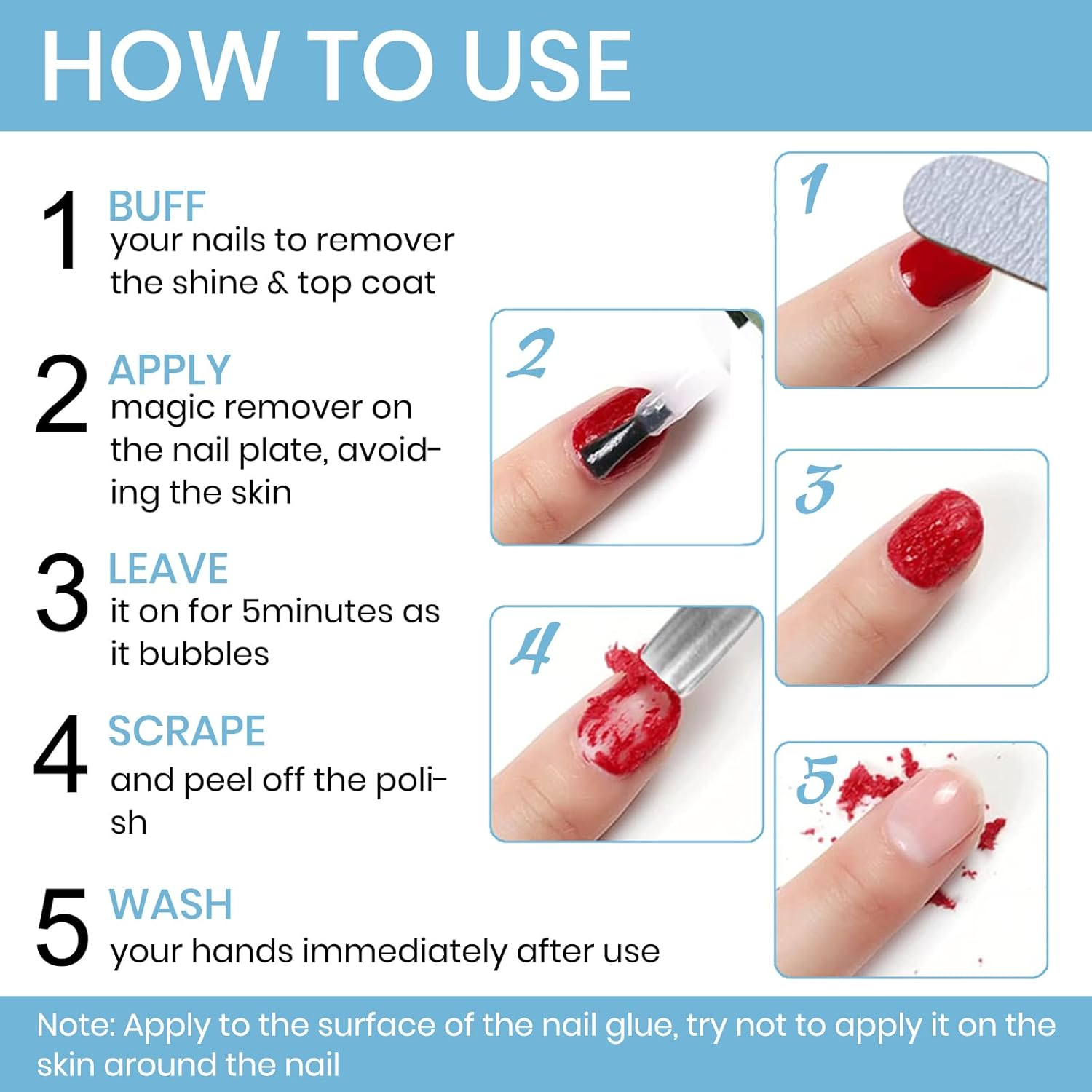 2PCS Professional Gel Nail Polish Remover Kit with Rubbing Strip, Quickly & Easily Remove Nail Polish within 3-5 Minutes, Non-Irritating, Include Sponge Strip and Steel Push image number 5